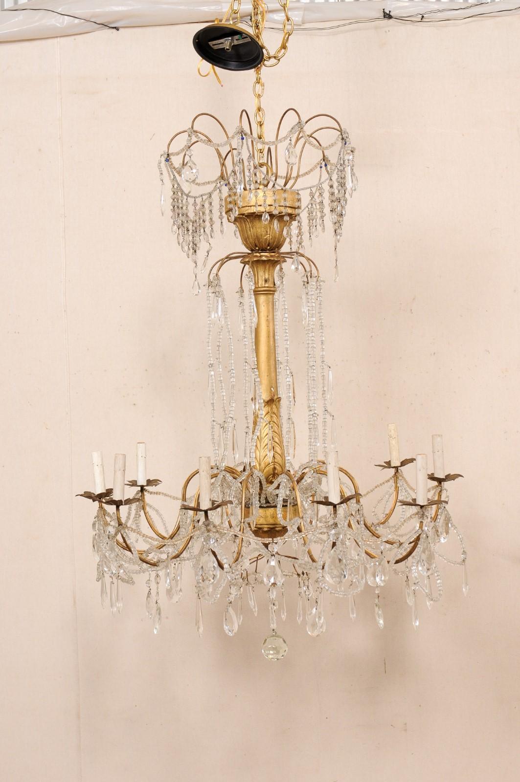 Italian Beautiful Crystal 10-Light Chandelier w/Gilt Wood Central Column, 47