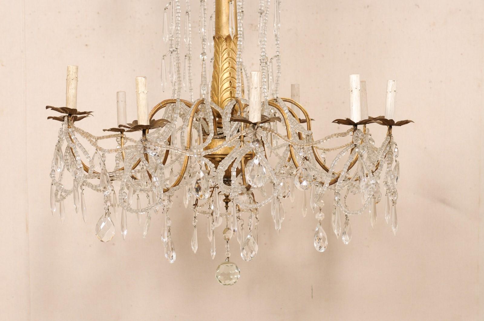 Italian Beautiful Crystal 10-Light Chandelier w/Gilt Wood Central Column, 47