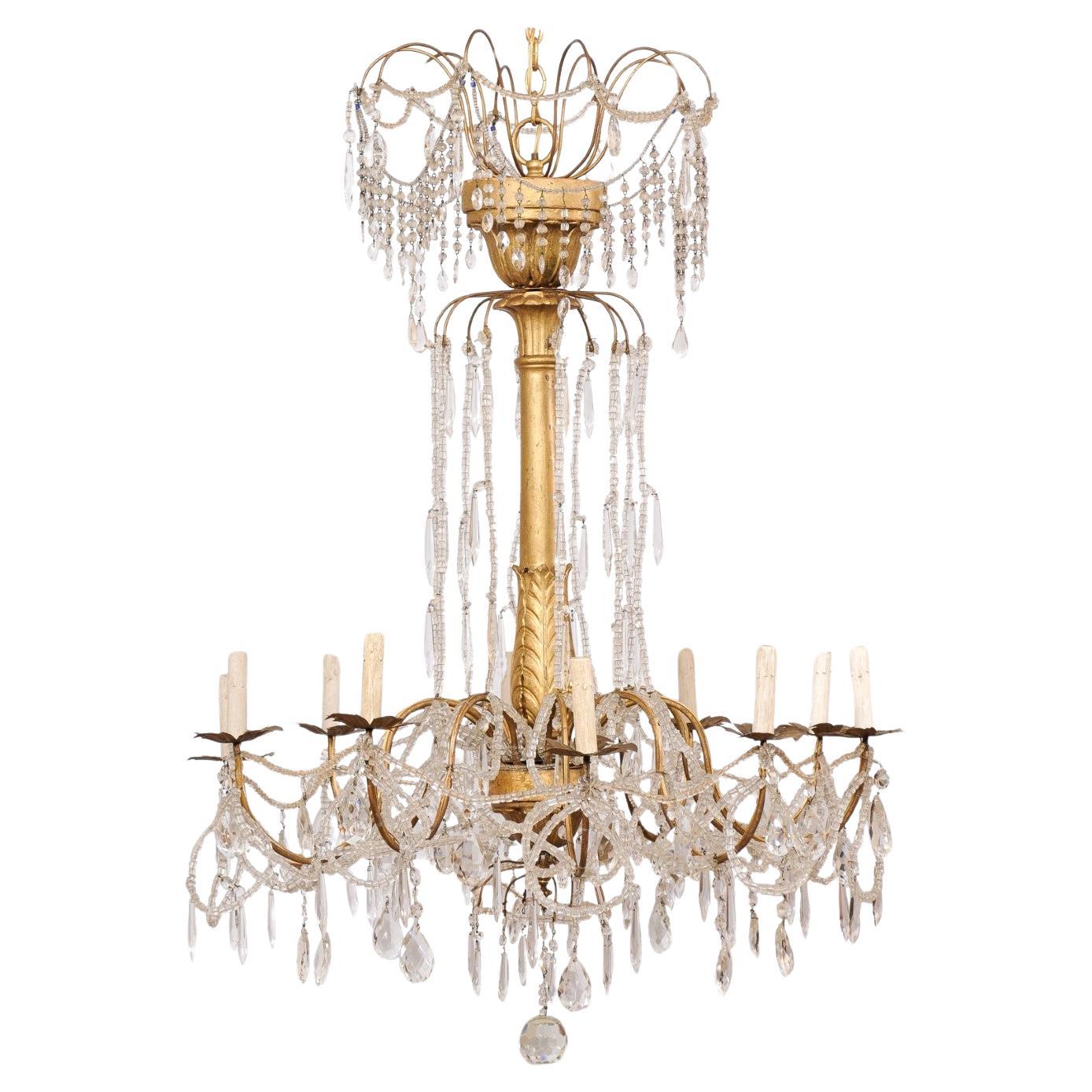 Italian Beautiful Crystal 10-Light Chandelier w/Gilt Wood Central Column, 47"H For Sale