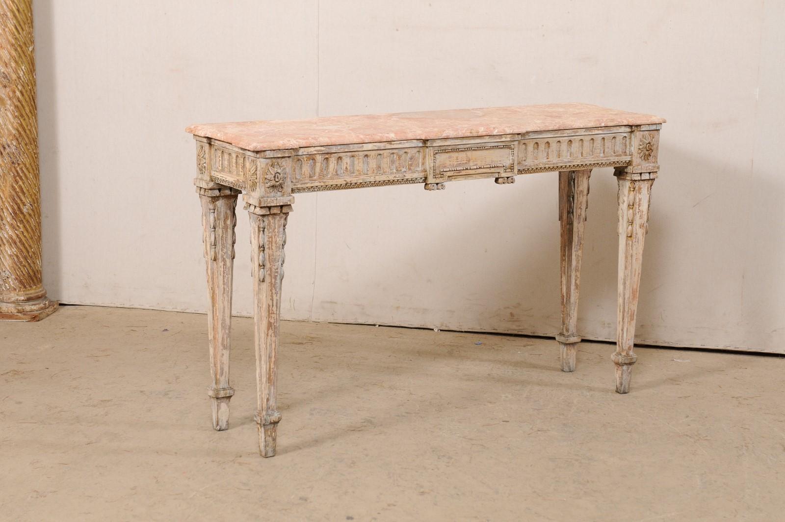Italian Beautifully-Carved Console w/its Original Coral Color Marble Top, 19th C 1