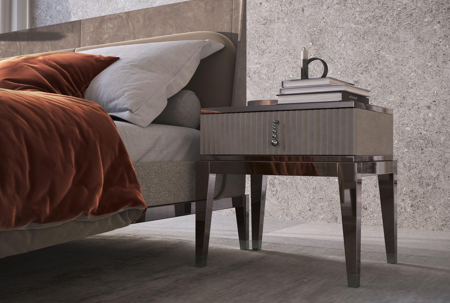 Italienisches Bett, gepolstert mit Nubuck- und Quinoa-Boucle-Stoff mit Holzbeinen  (Maschinell gefertigt) im Angebot