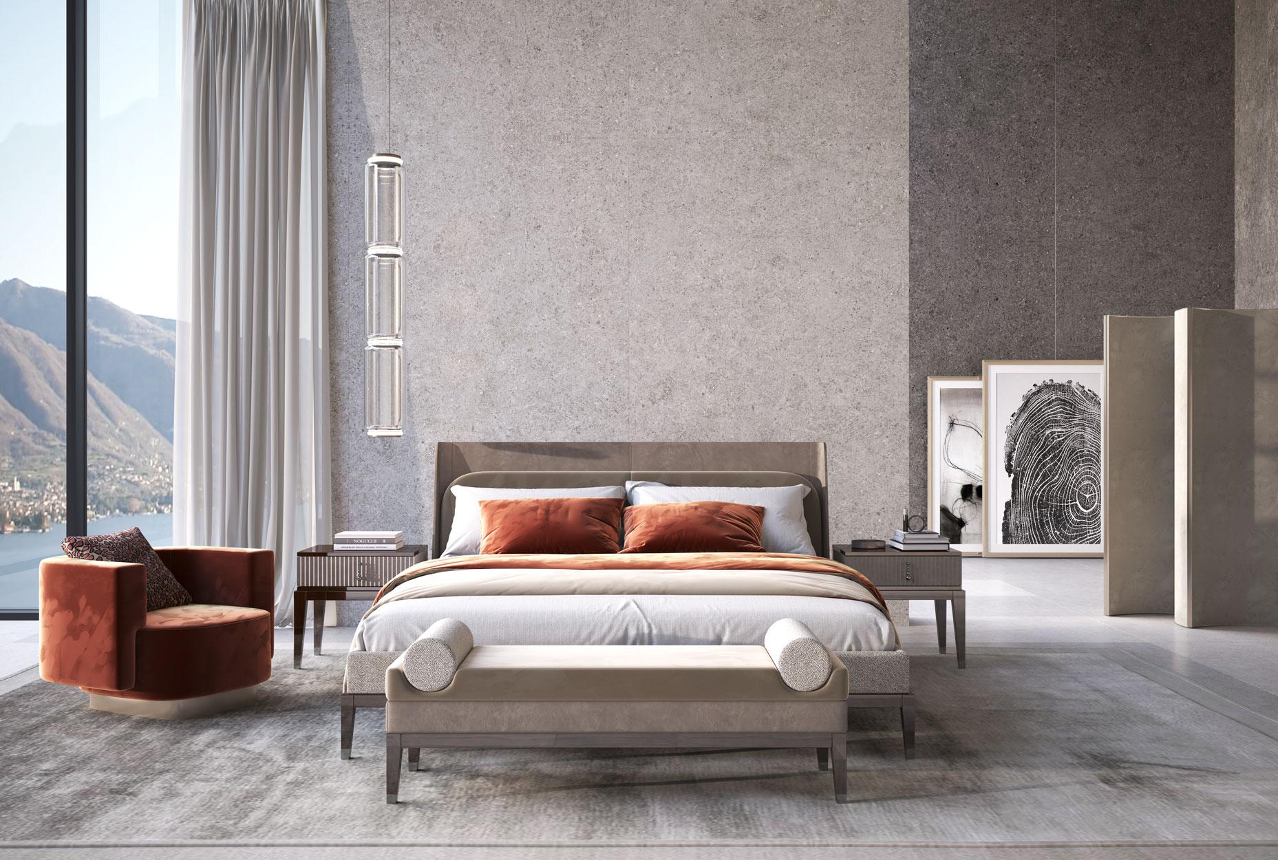 Italian Bed Upholstered in Nubuck and Quinoa Boucle Fabric with Wooden Legs In New Condition For Sale In Concordia Sagittaria, Veneto