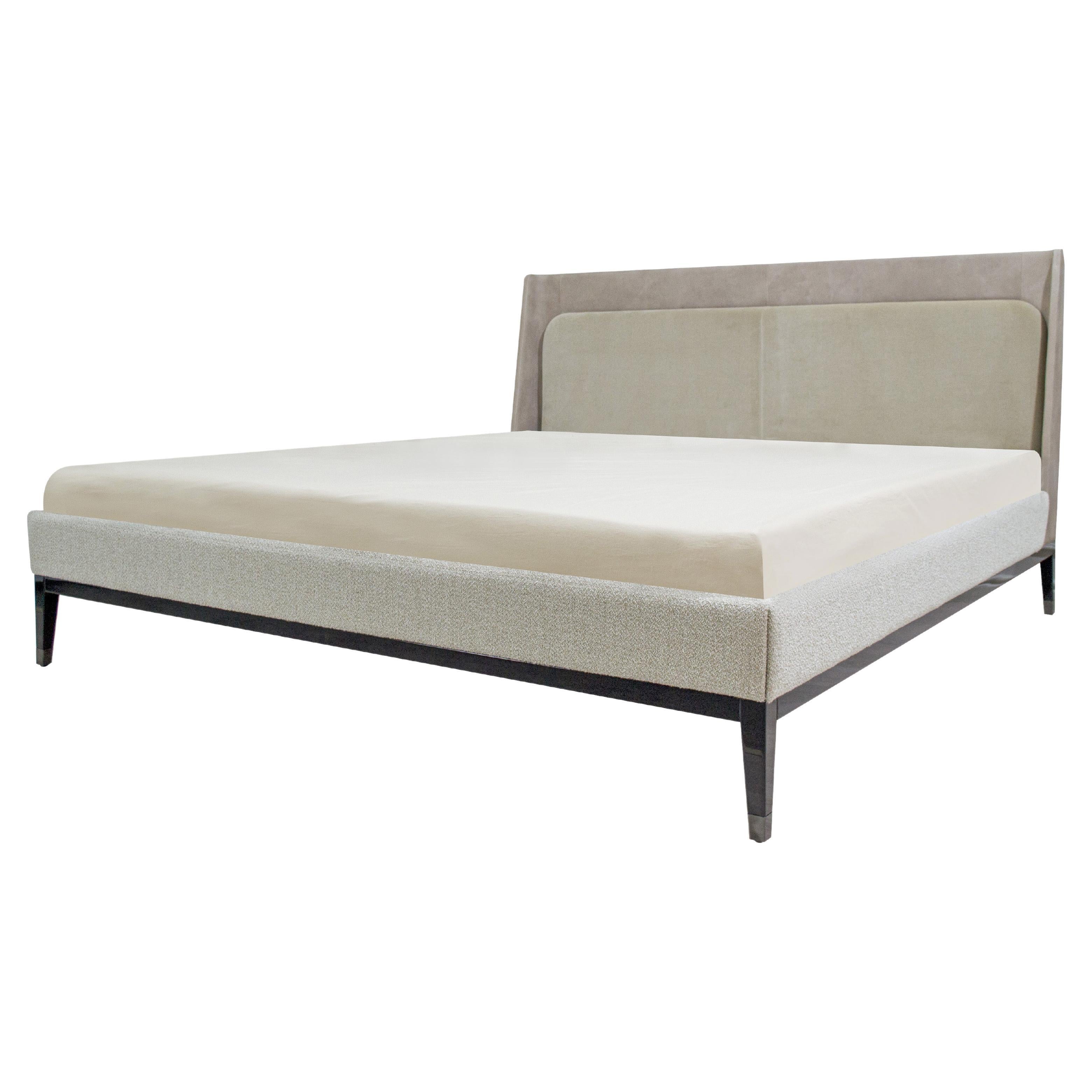 Italian Bed Upholstered in Nubuck and Quinoa Boucle Fabric with Wooden Legs For Sale