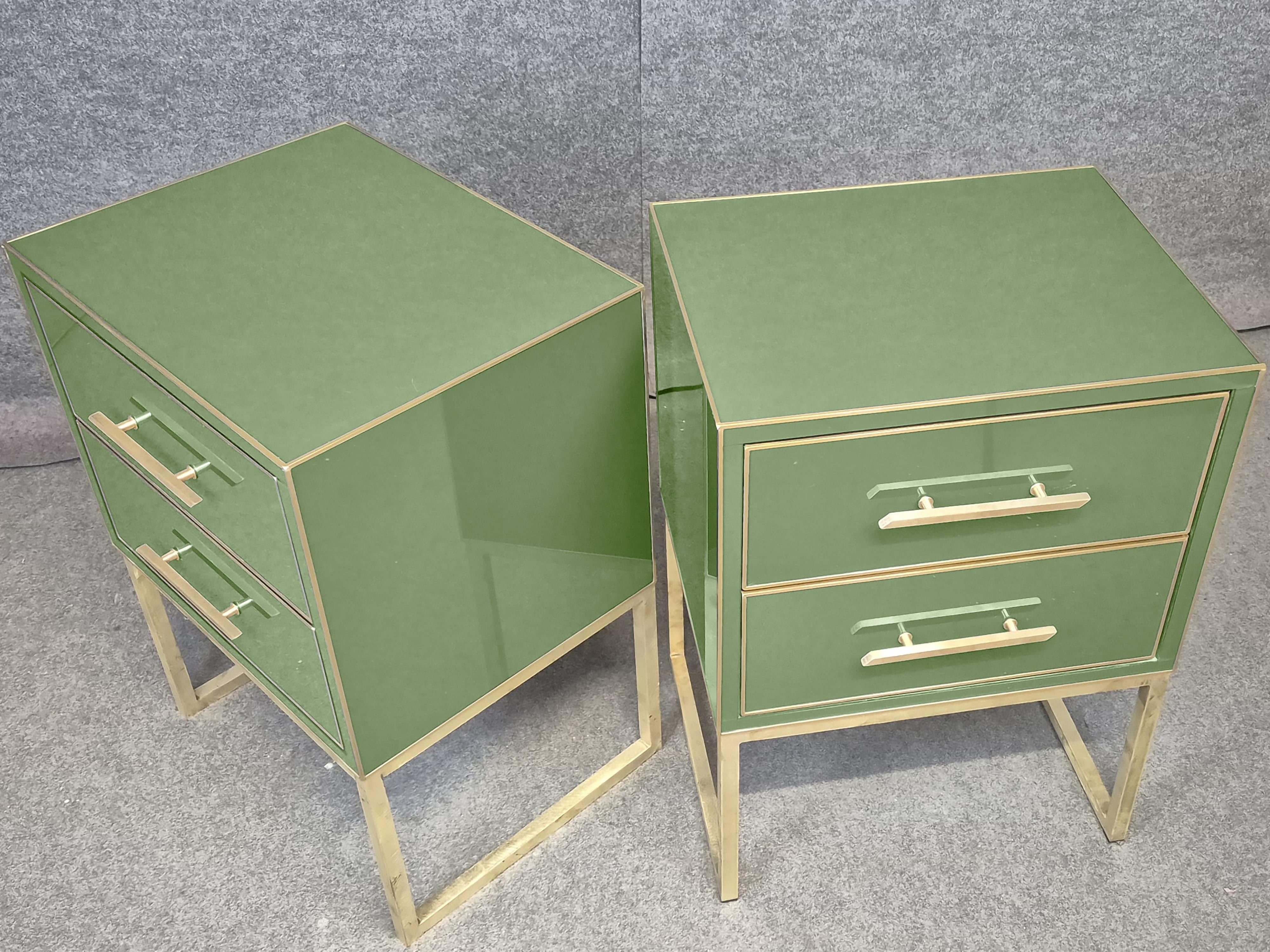 Italian green Murano glass bedside tables with brass fittings and a black velvet interior lend a refined mid-century modern style to any bedroom.

Each bedside table is handcrafted in Italy and features a solid wood frame, hand-carved and