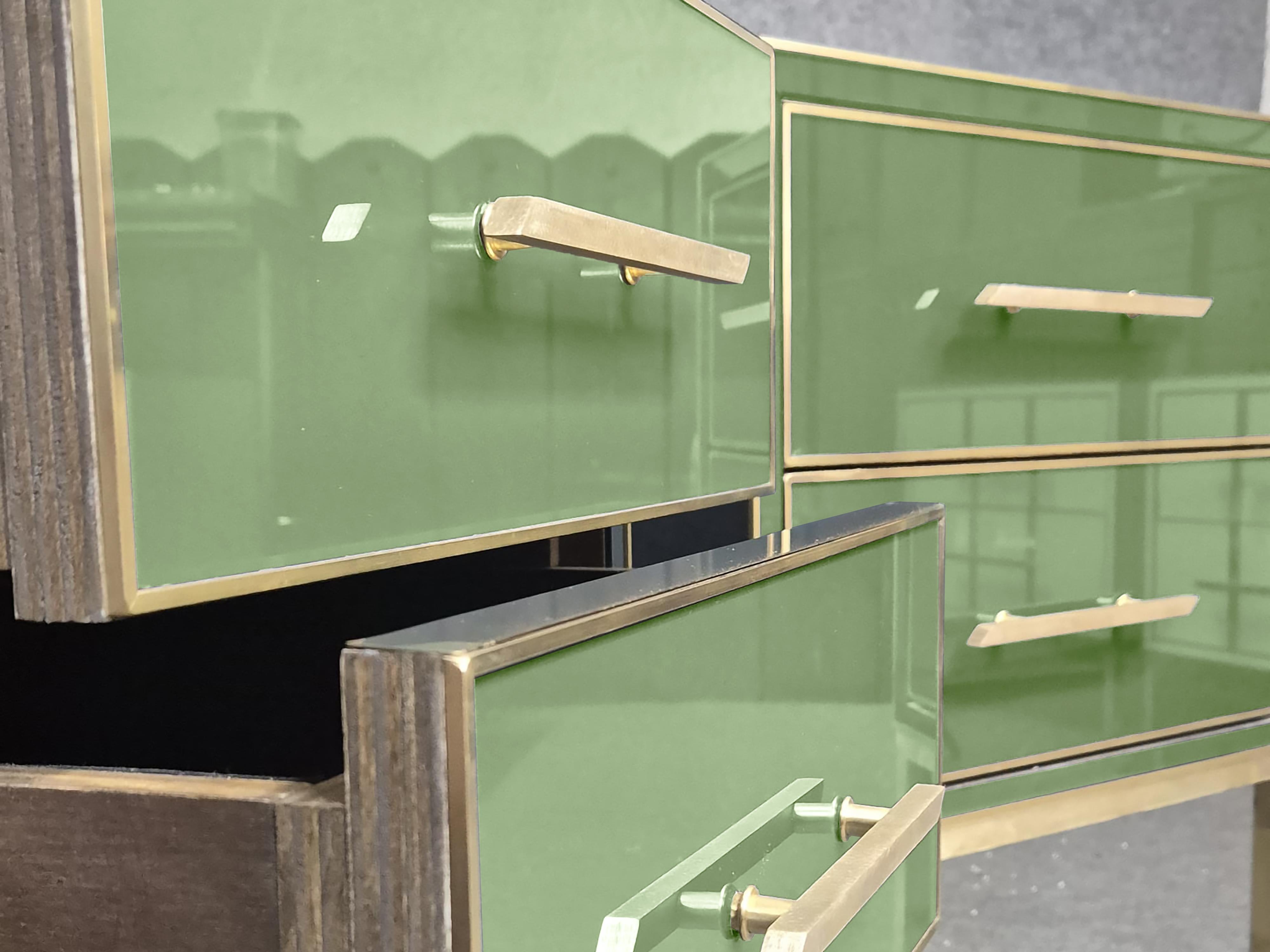 Italian Bedside Tables Green Murano Glass with Brass Fittings & Black Velvet JF For Sale 1