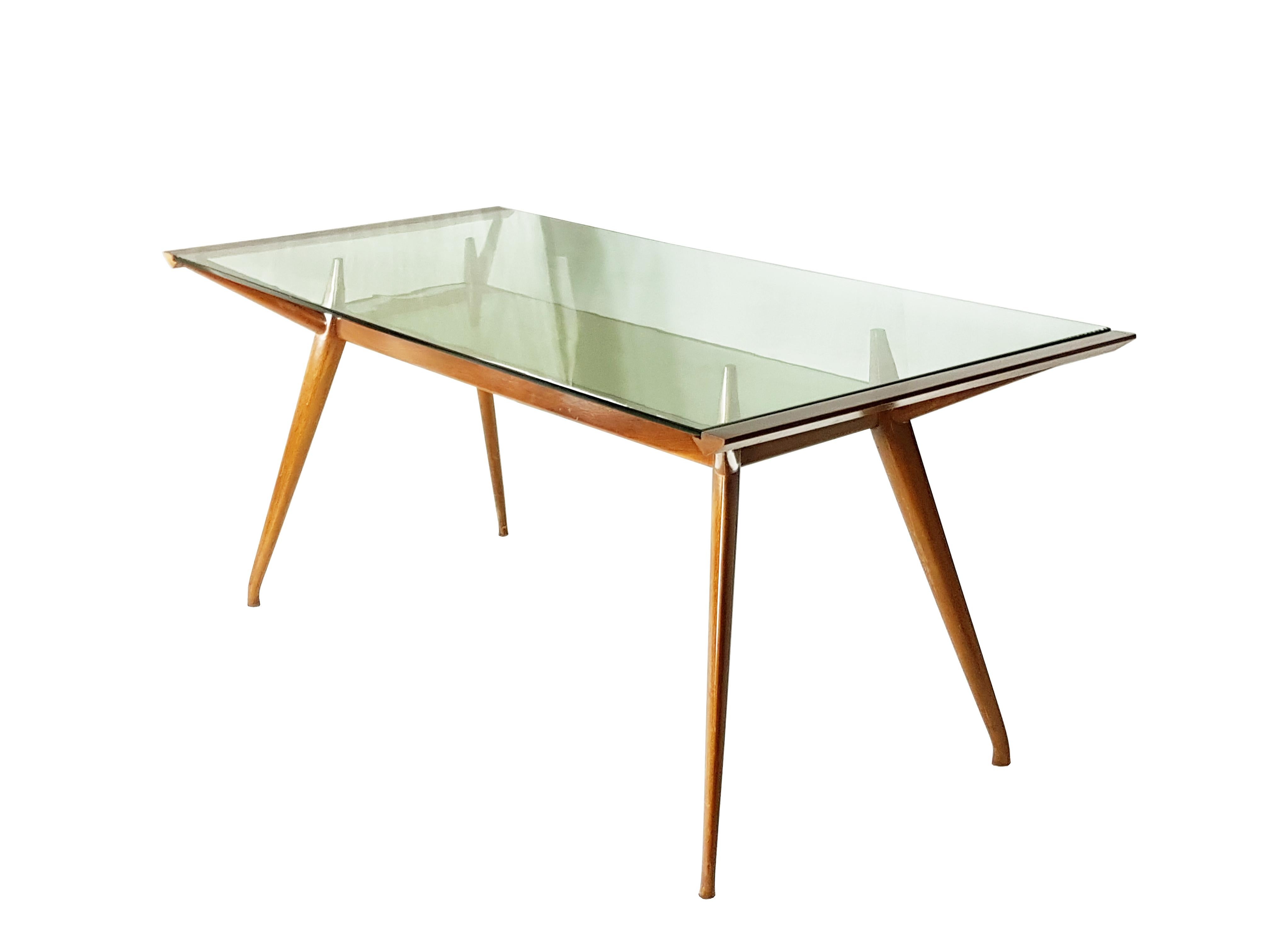 Mid-20th Century Italian Beech wood & Glass Mid-Century Modern dining table attributed to ISA For Sale
