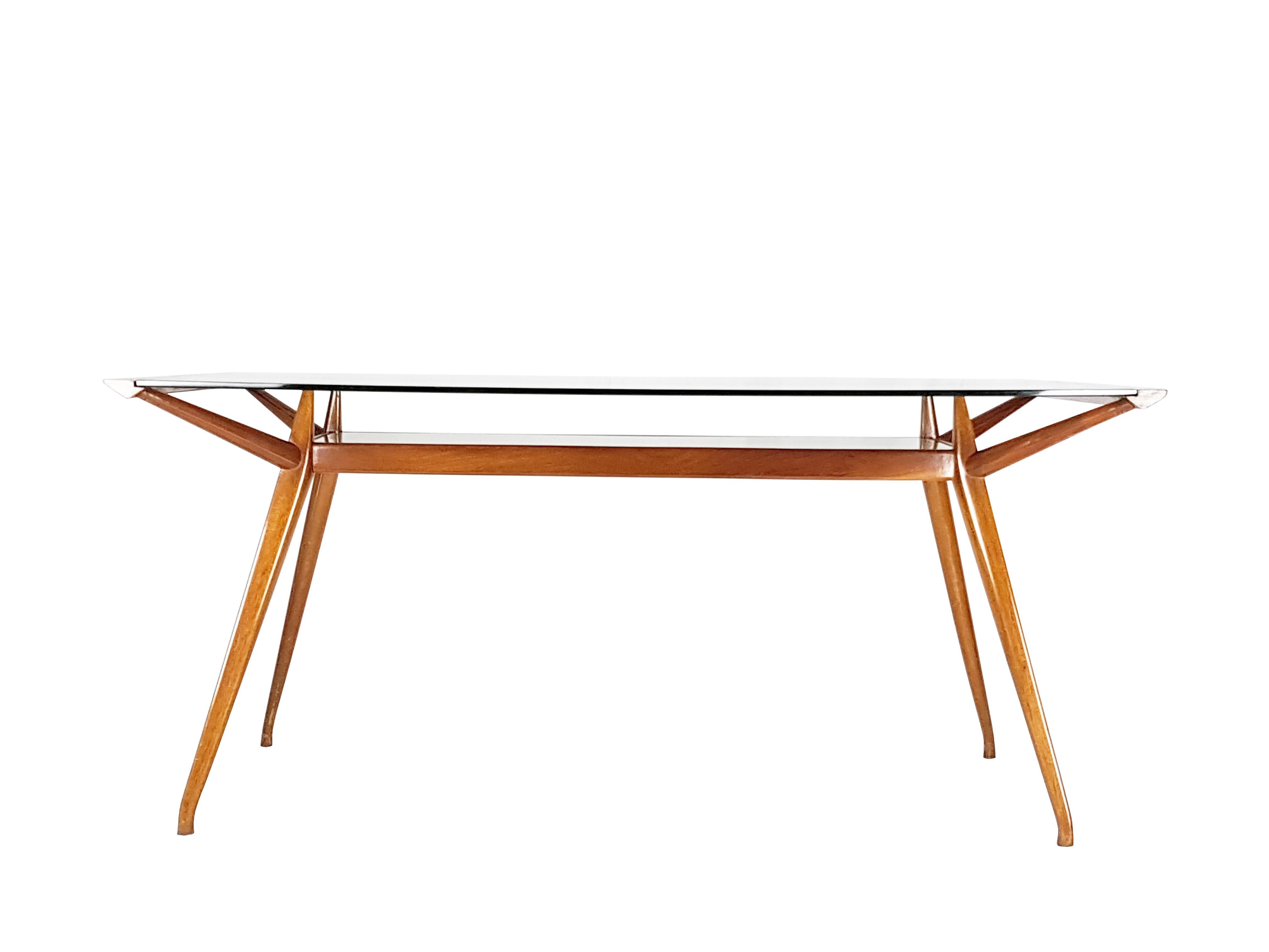 Italian Beech wood & Glass Mid-Century Modern dining table attributed to ISA For Sale 2