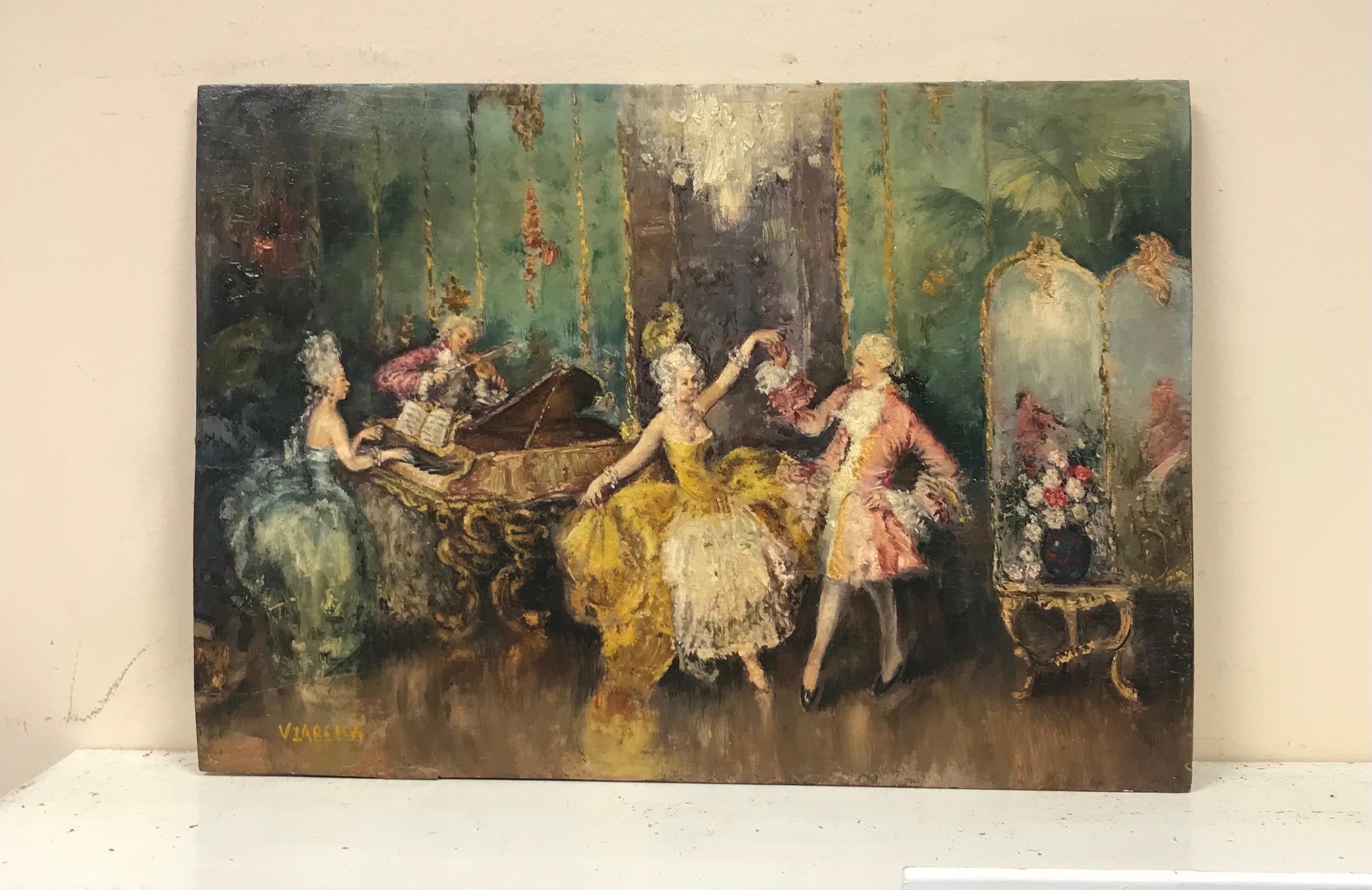 Antico olio italiano firmato Grande sala da ballo Figure eleganti che ballano, musicisti - Painting di Italian Belle Epoque