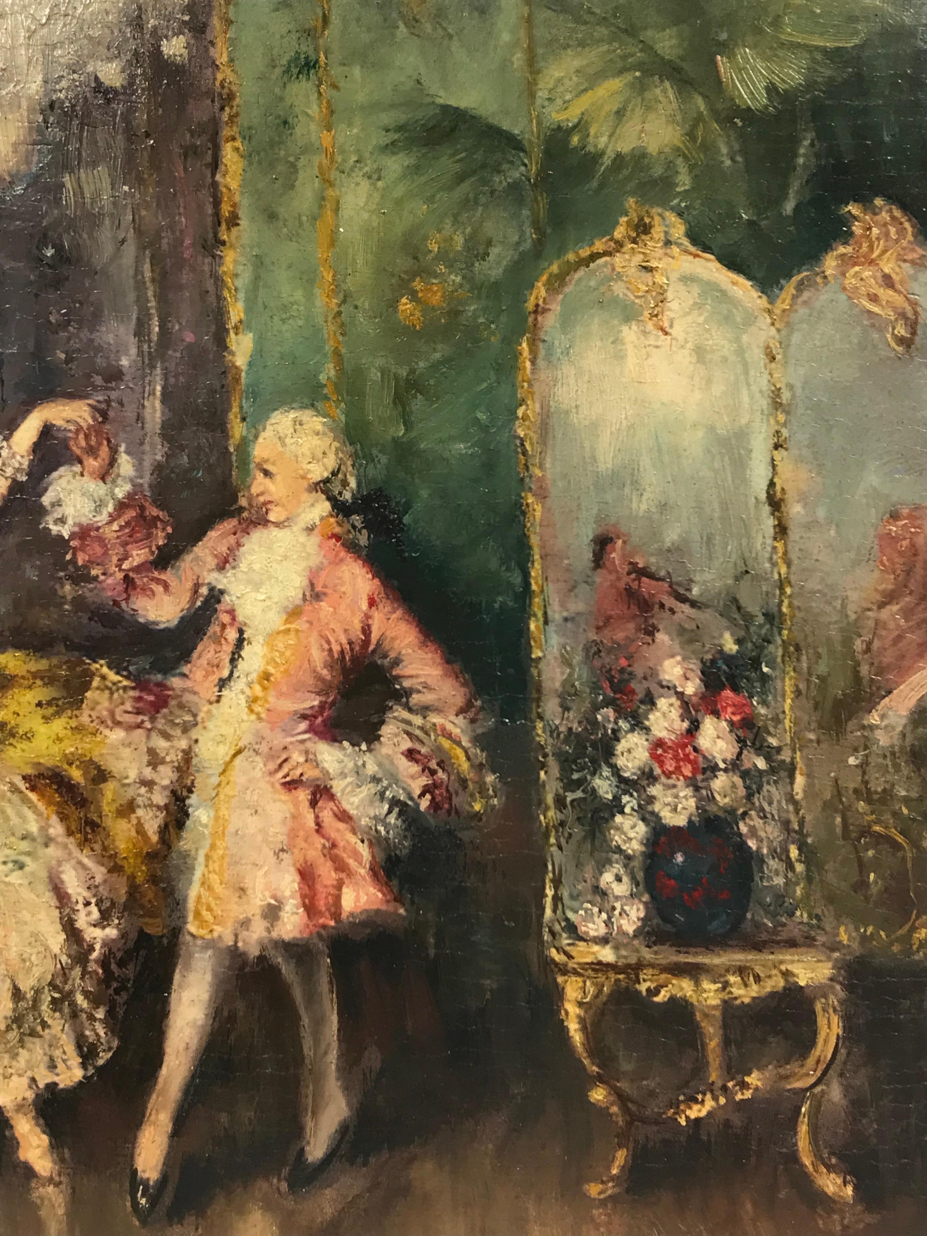 Antico olio italiano firmato Grande sala da ballo Figure eleganti che ballano, musicisti - Painting Vittoriano di Italian Belle Epoque