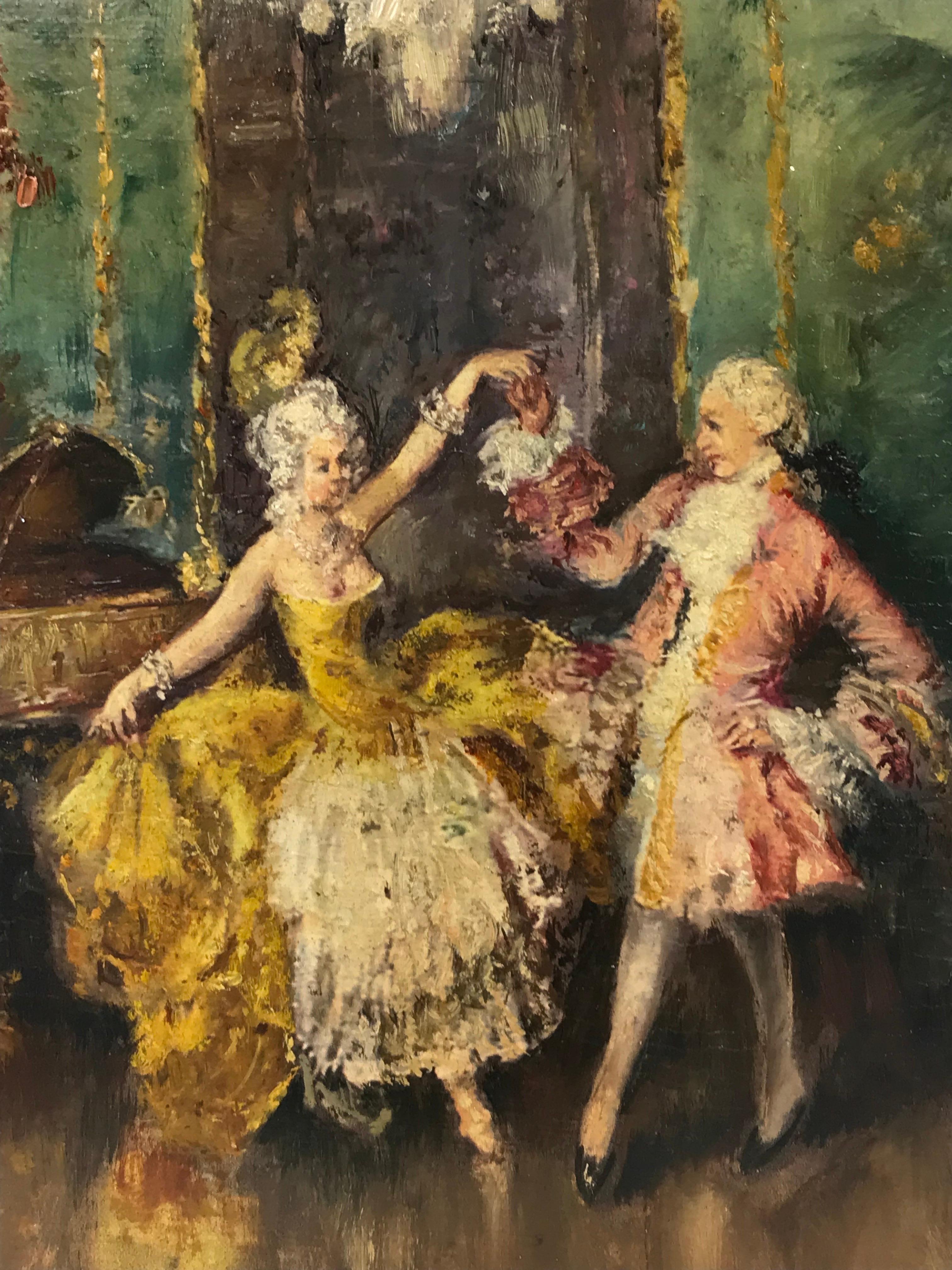 Antico olio italiano firmato Grande sala da ballo Figure eleganti che ballano, musicisti - Interior Painting Marrone di Italian Belle Epoque