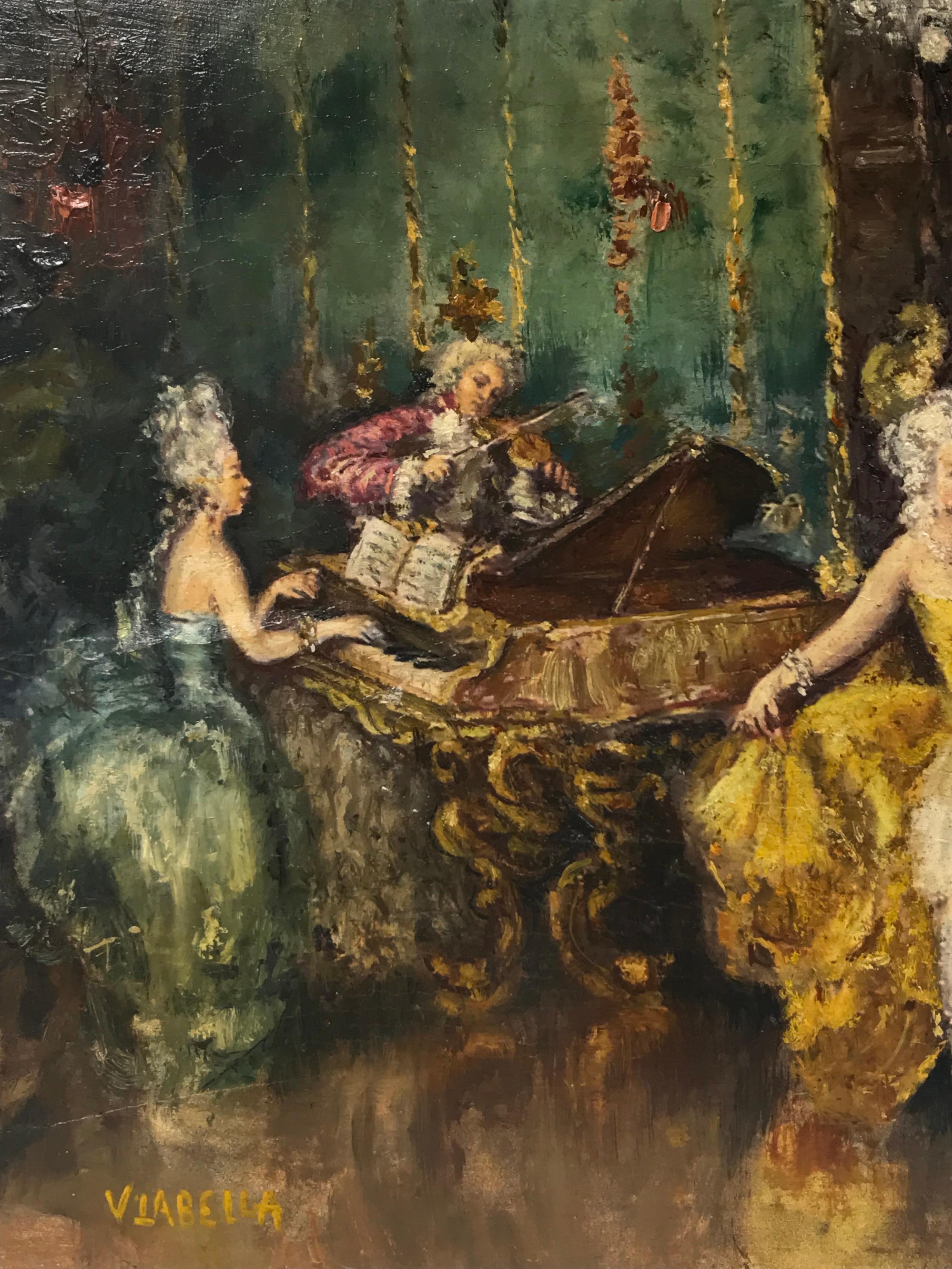 Artista/Scuola: Scuola italiana, fine XIX/inizio XX secolo, firmato in basso a sinistra

Titolo: La sala da ballo

Medium: pittura a olio su tavola di legno, senza cornice 

Dimensioni:
dipinto: 12,5 x 17,75 pollici

Provenienza: collezione privata,