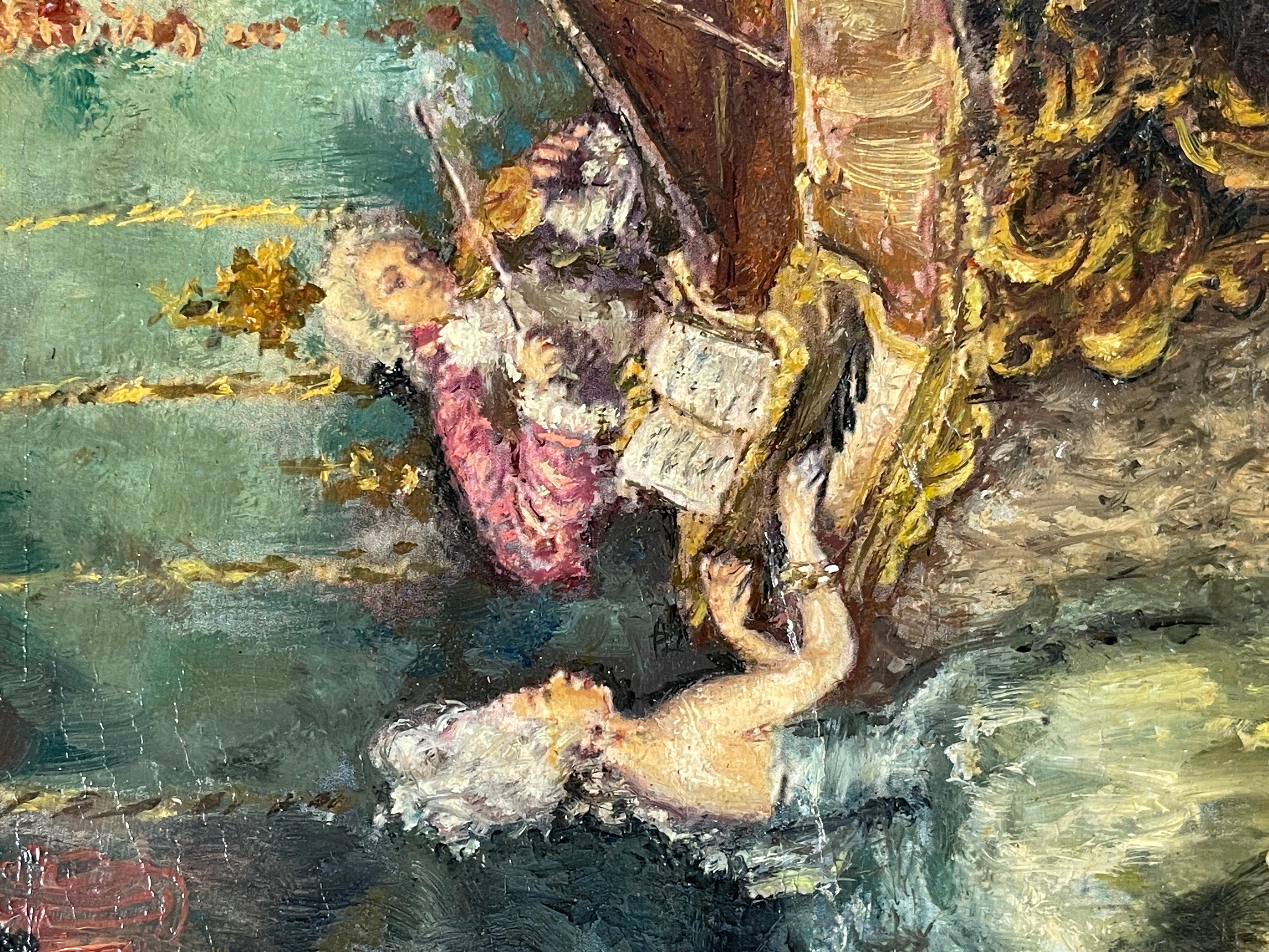 Antico olio italiano firmato Grande sala da ballo Figure eleganti che ballano, musicisti 2