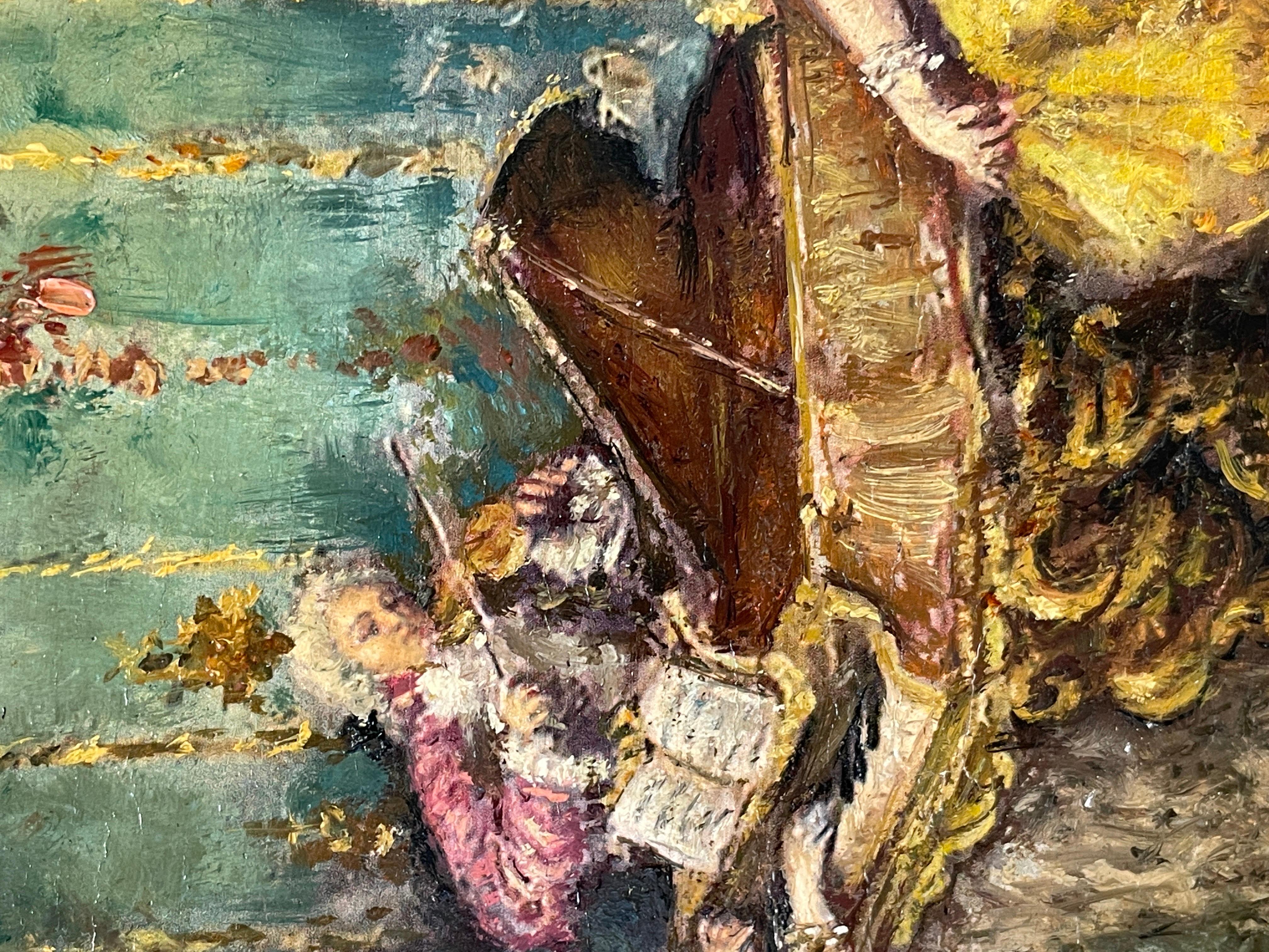 Antico olio italiano firmato Grande sala da ballo Figure eleganti che ballano, musicisti 4