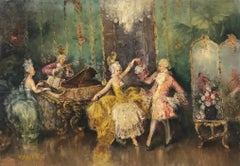 Antique Italian Signed Oil Grand Ballroom Elegant Figures Dancing, Musicians