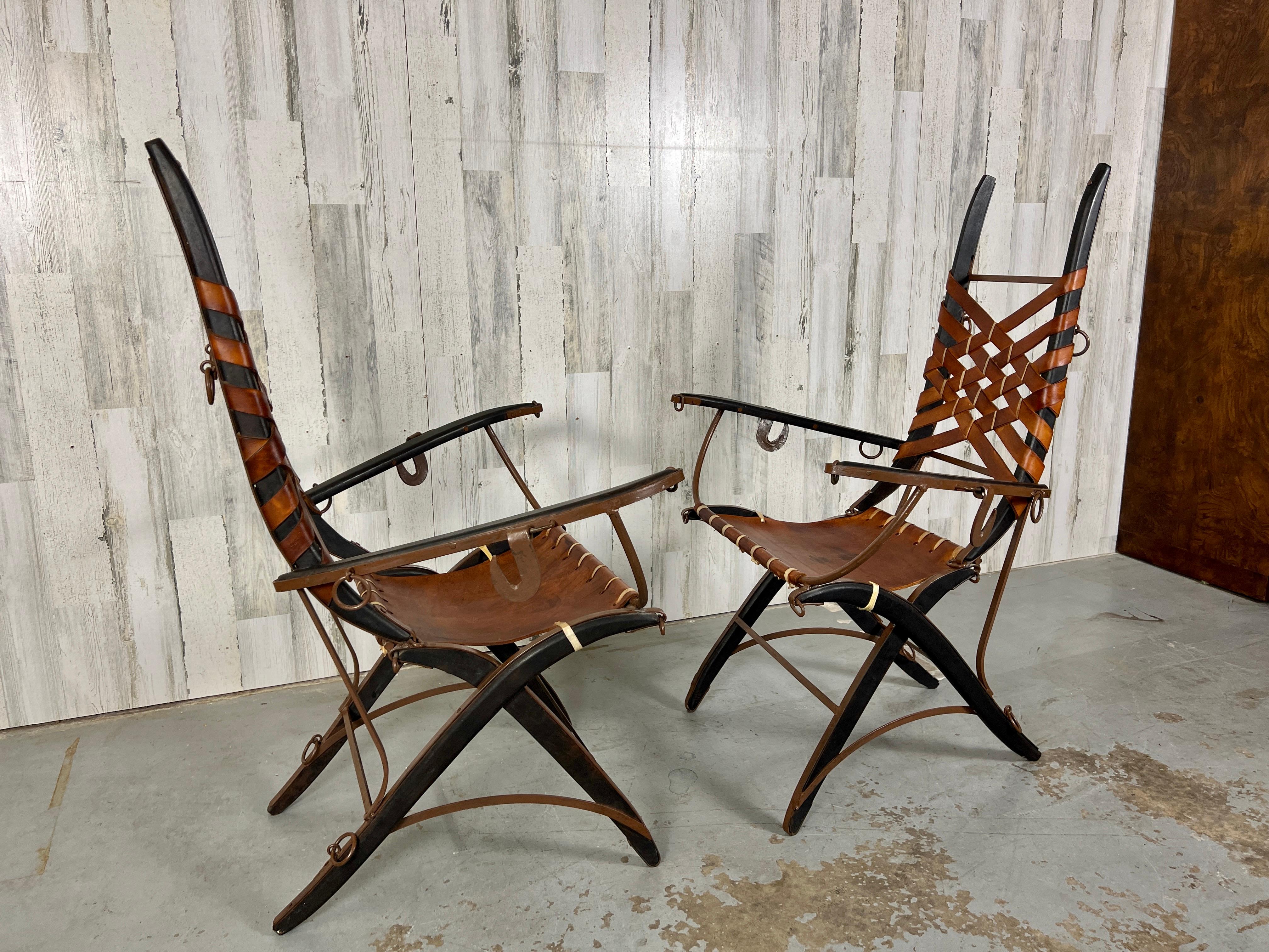 Italian Belt Strap Leather Arm Chairs by Alberto Marconetti For Sale 4
