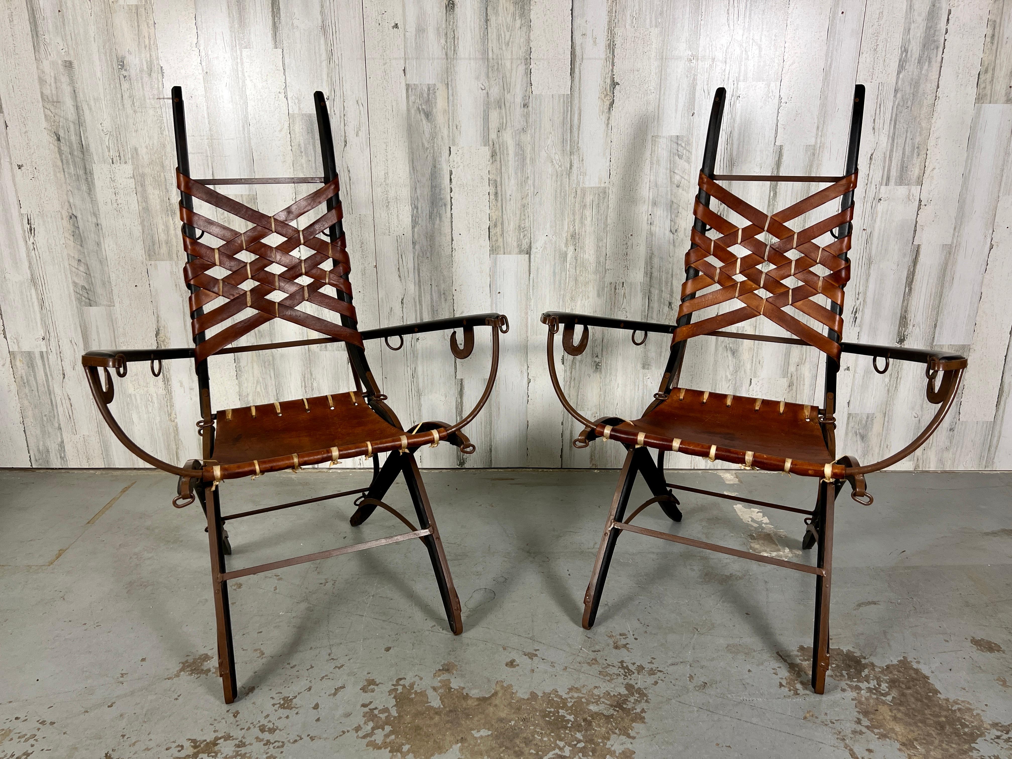 Mid-Century Modern Italian Belt Strap Leather Arm Chairs by Alberto Marconetti For Sale
