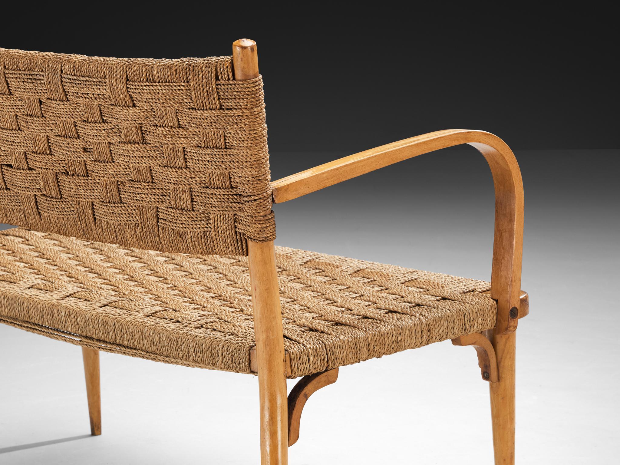 Mid-Century moderno Panchina italiana in paglia intrecciata e Wood biondo in vendita