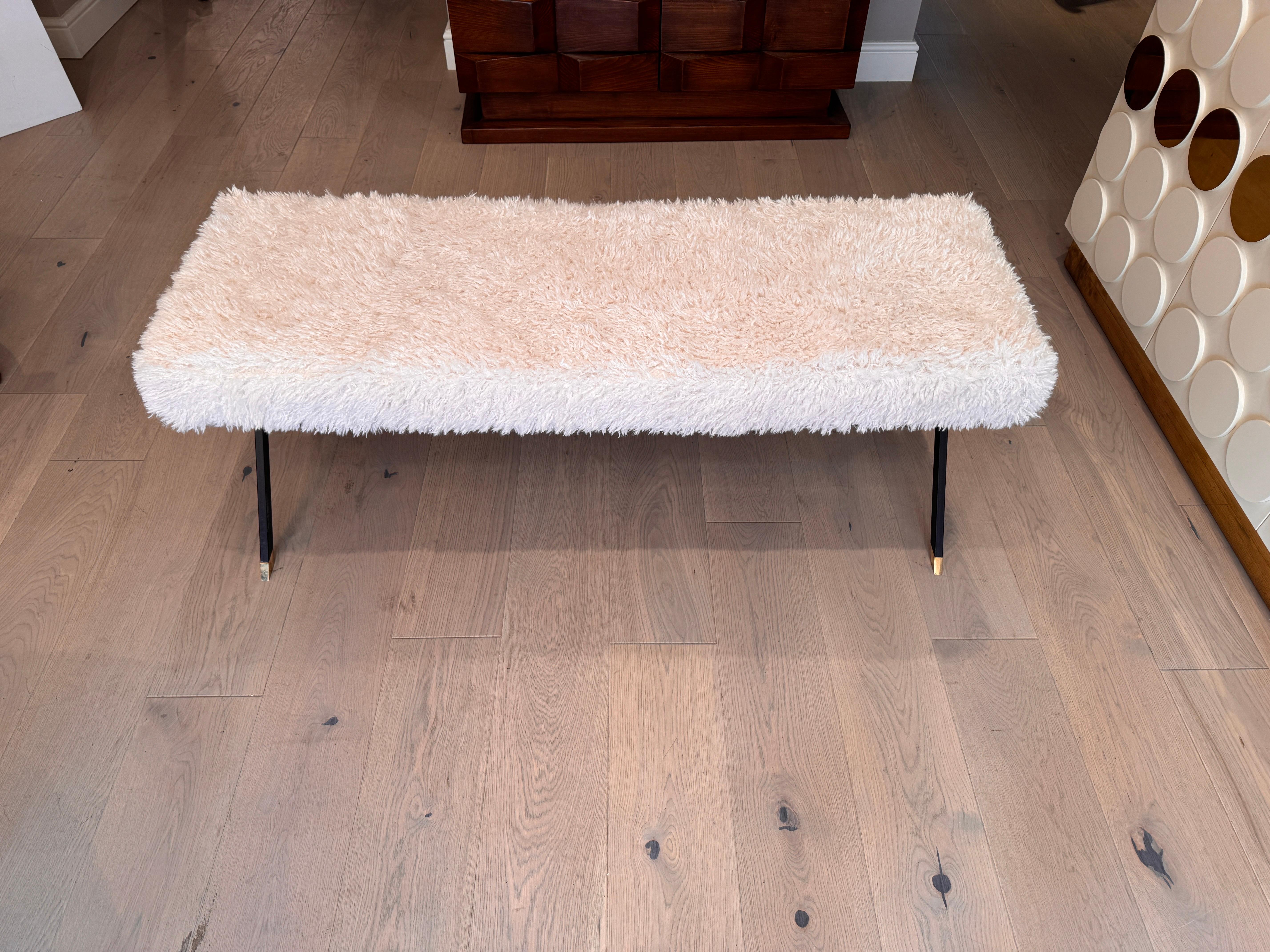 20th Century Italian bench in enamel black metal & brass with fur upholstery.