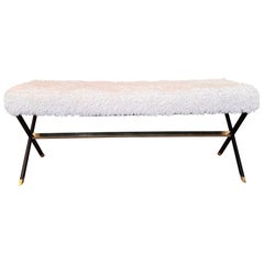 Italian bench in enamel black metal & brass with fur upholstery.