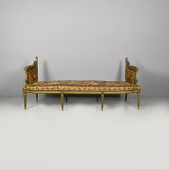 Italian bench in yellow and green wood and original fabric, 1800s