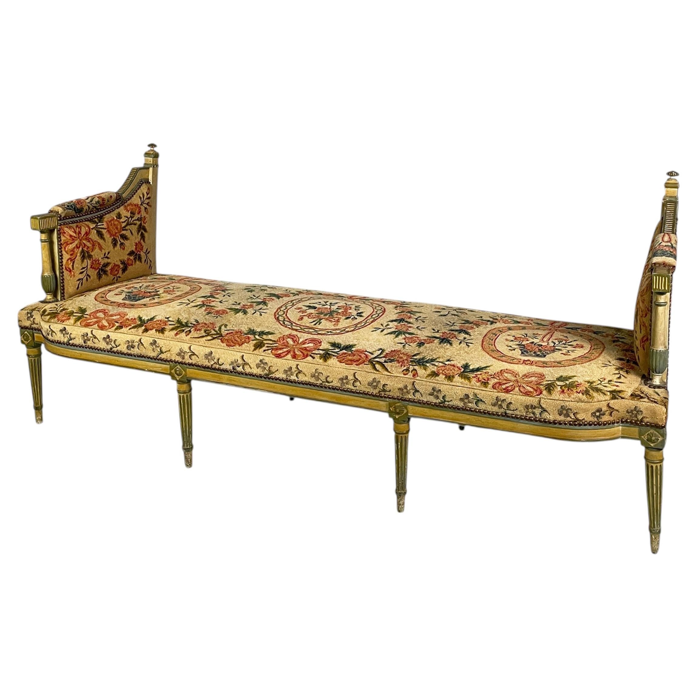 Italian bench in yellow and green wood and original fabric, 1800s For Sale