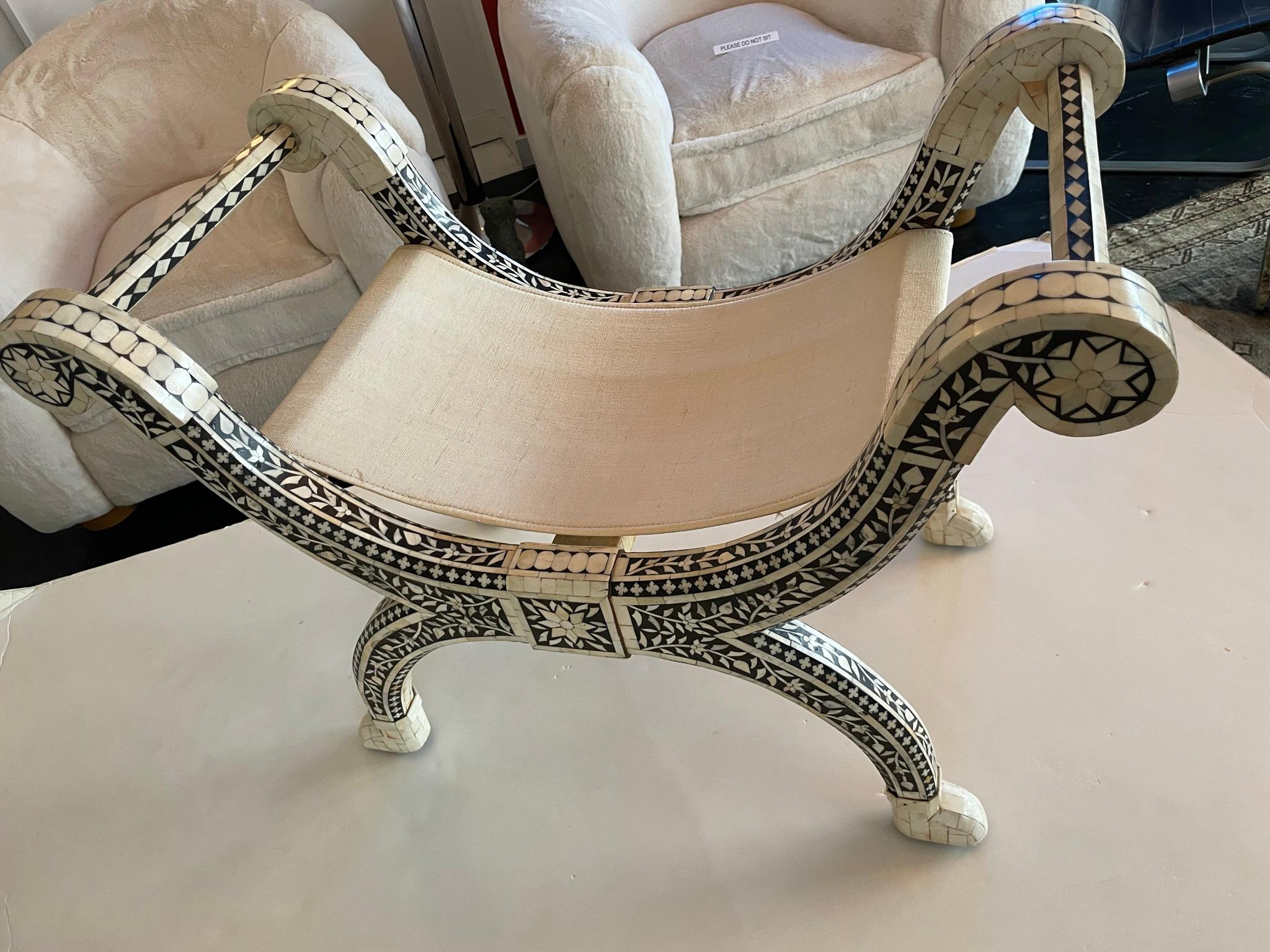 Egyptian Bench with Modern Pearl Inlay, 1960s In Good Condition For Sale In Los Angeles, CA