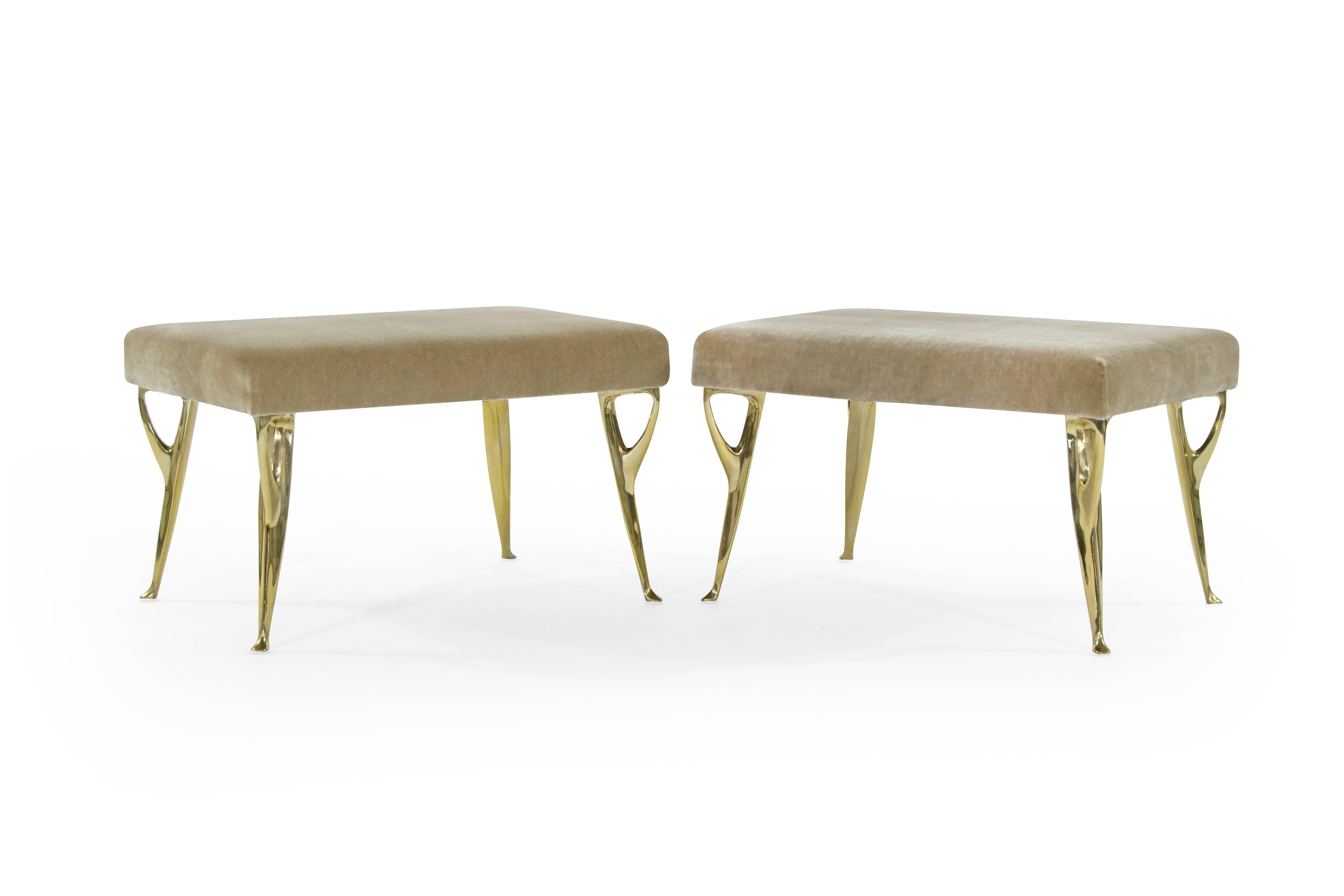 Set of Italian benches or stools newly upholstered in mohair, circa 1950s.
Organically designed brass legs newly polished. Priced individually.