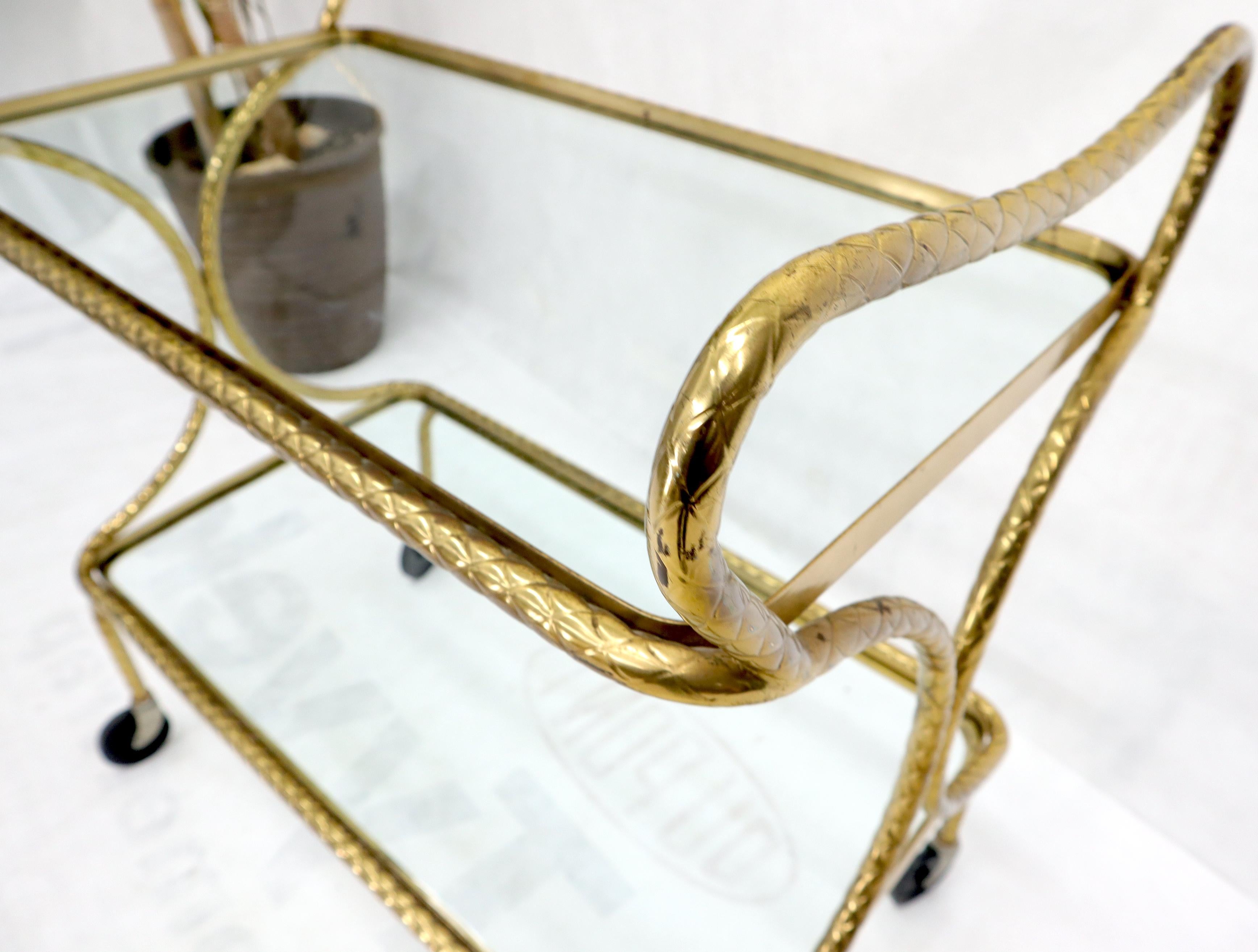 Mid-Century Modern bent embossed or textured brass tube frame glass top serving tea or bar cart.