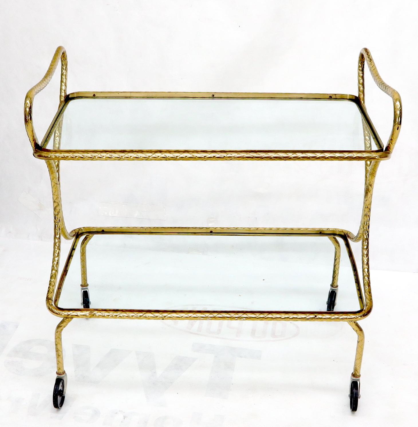 Mid-Century Modern Italian Bent Textured Brass Tube Frame Glass Top Serving Cart on Wheels For Sale