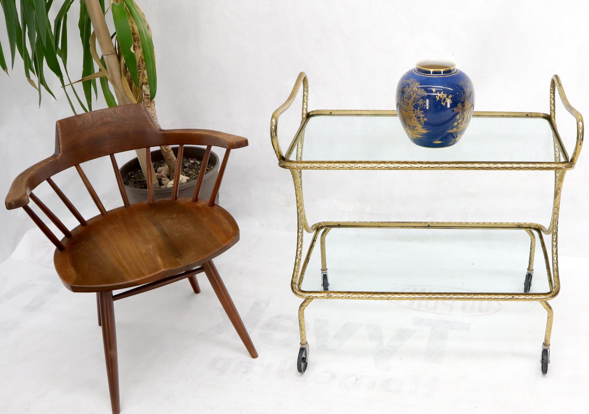 Polished Italian Bent Textured Brass Tube Frame Glass Top Serving Cart on Wheels For Sale