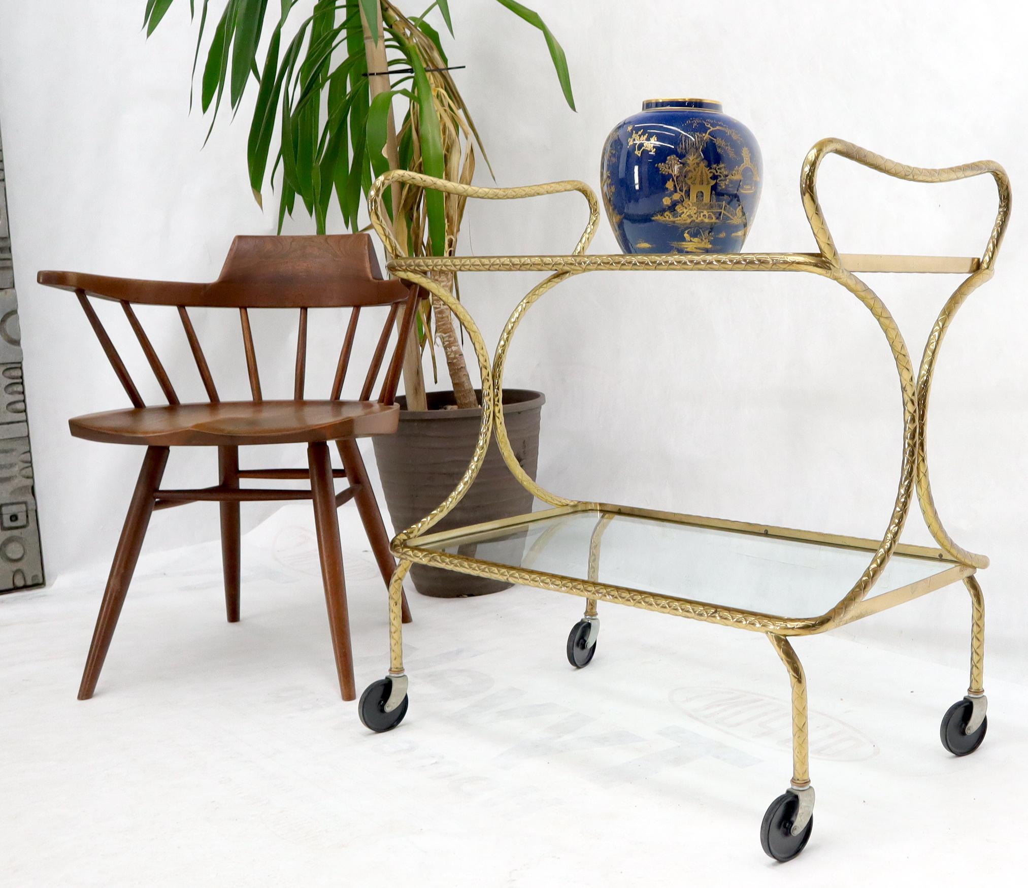 Italian Bent Textured Brass Tube Frame Glass Top Serving Cart on Wheels In Good Condition For Sale In Rockaway, NJ