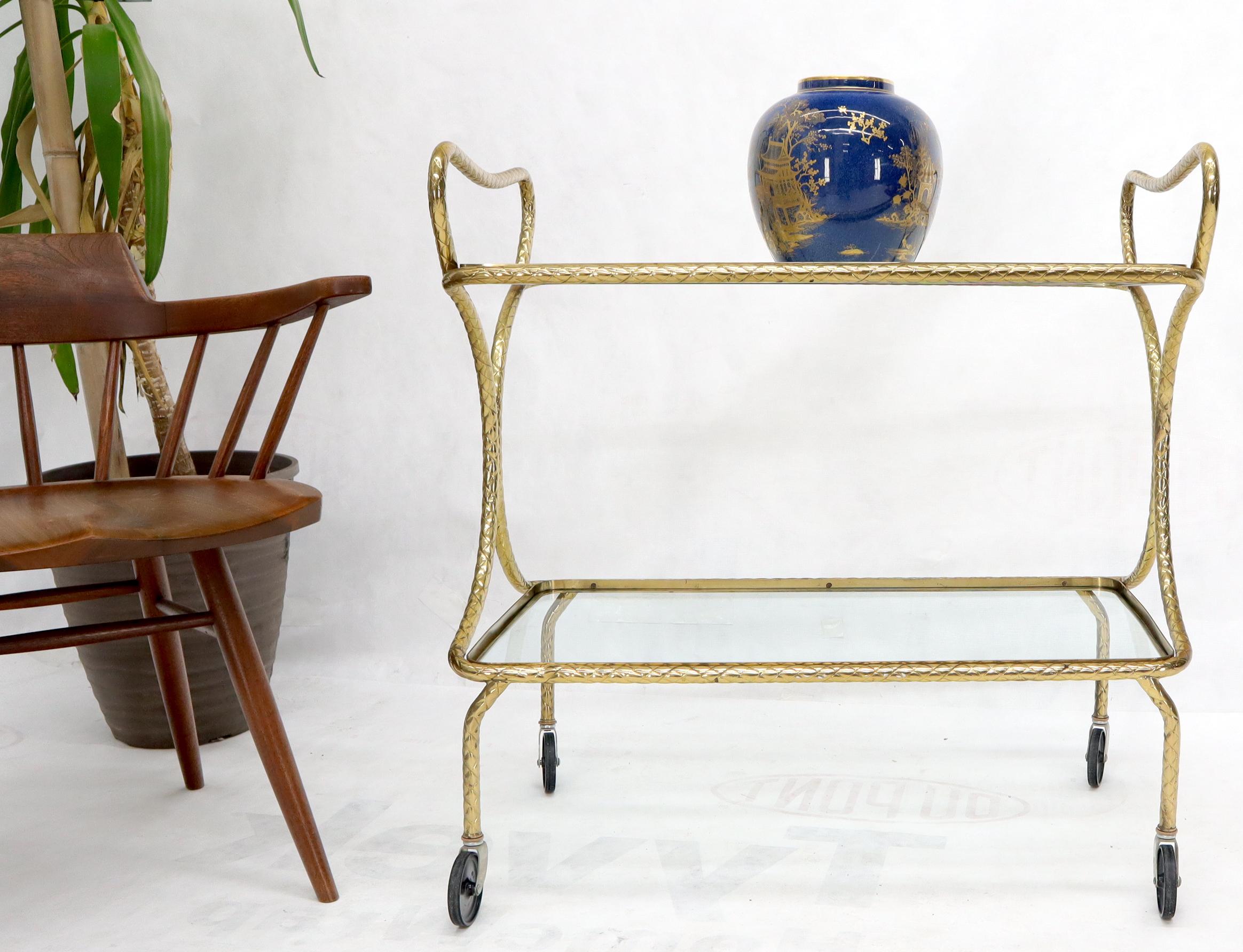 20th Century Italian Bent Textured Brass Tube Frame Glass Top Serving Cart on Wheels For Sale