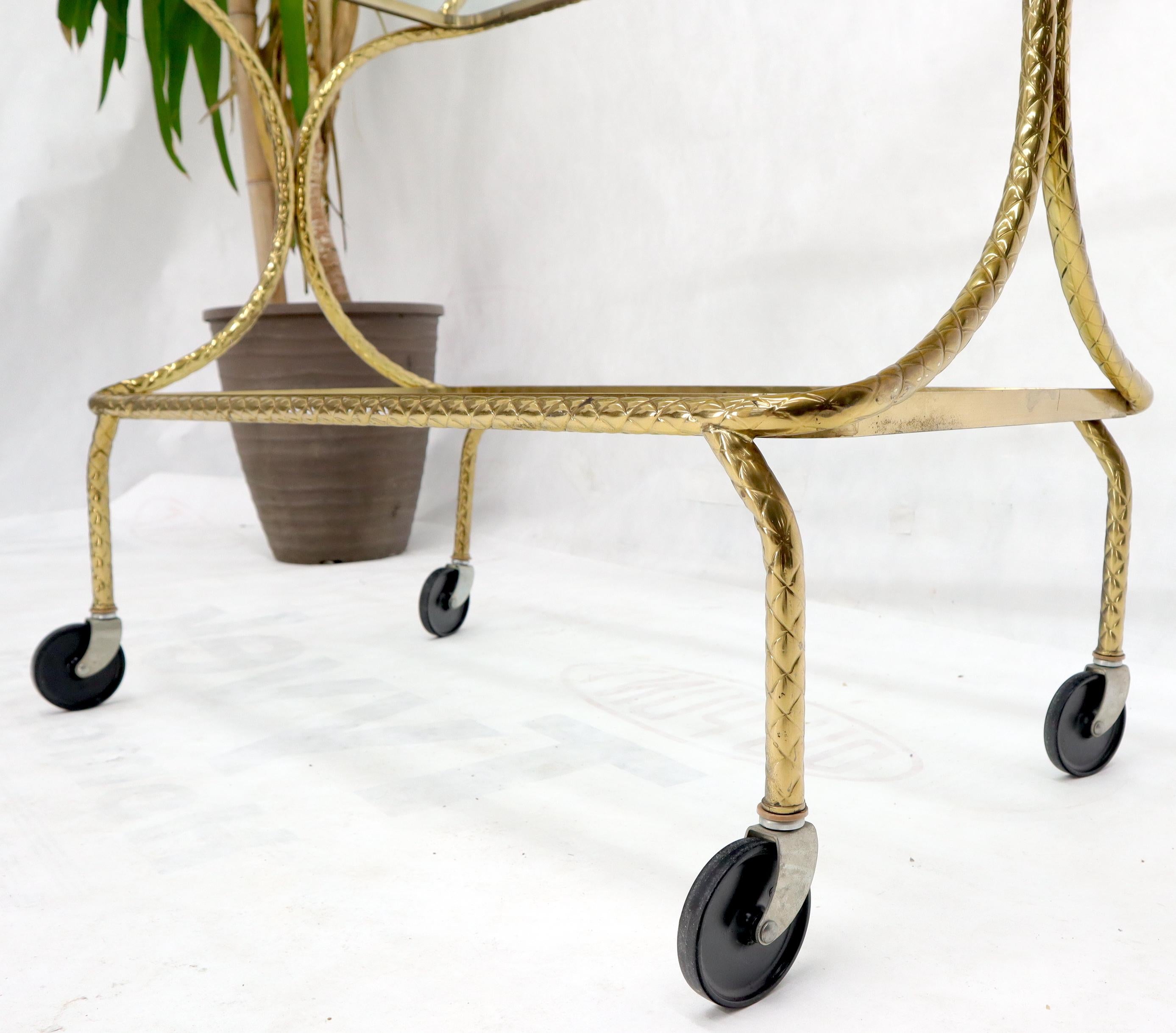 Italian Bent Textured Brass Tube Frame Glass Top Serving Cart on Wheels For Sale 1