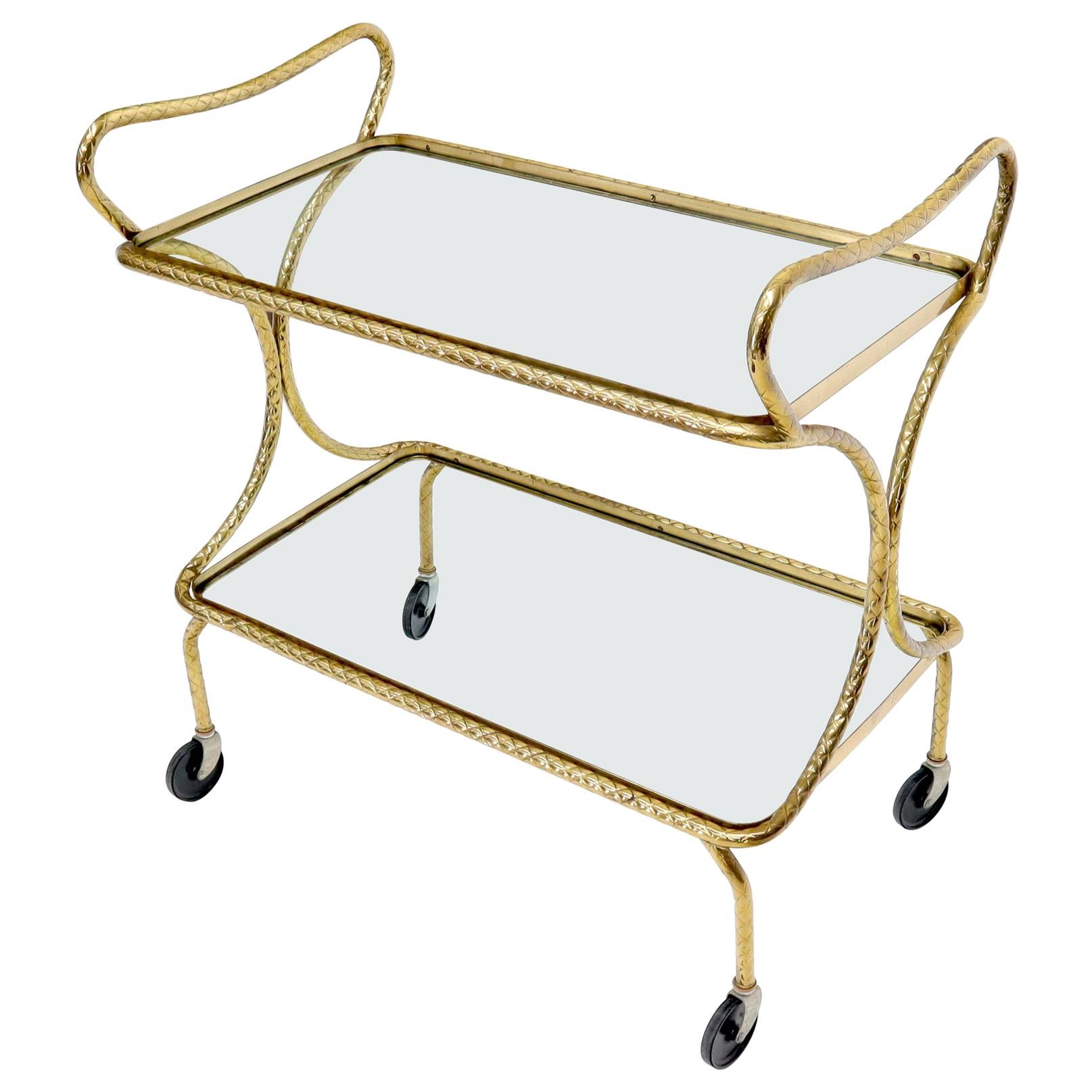 Italian Bent Textured Brass Tube Frame Glass Top Serving Cart on Wheels For Sale