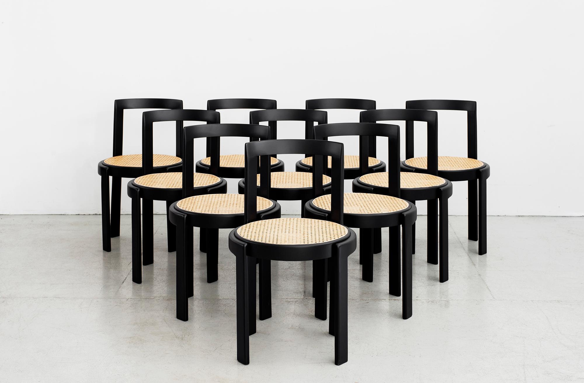 Fantastic set of 10 Italian bentwood dining chairs
Newly caned seat
Refinished in black ebony finish.
   