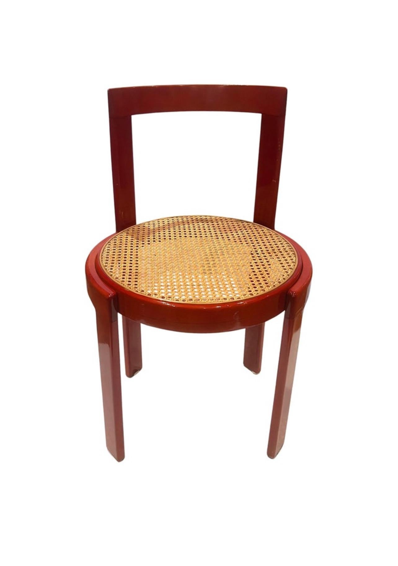 Italian Bentwood Caned Set of 4 Red Lacquered Bistro Chairs Mid Century Postmod In Good Condition In San Diego, CA