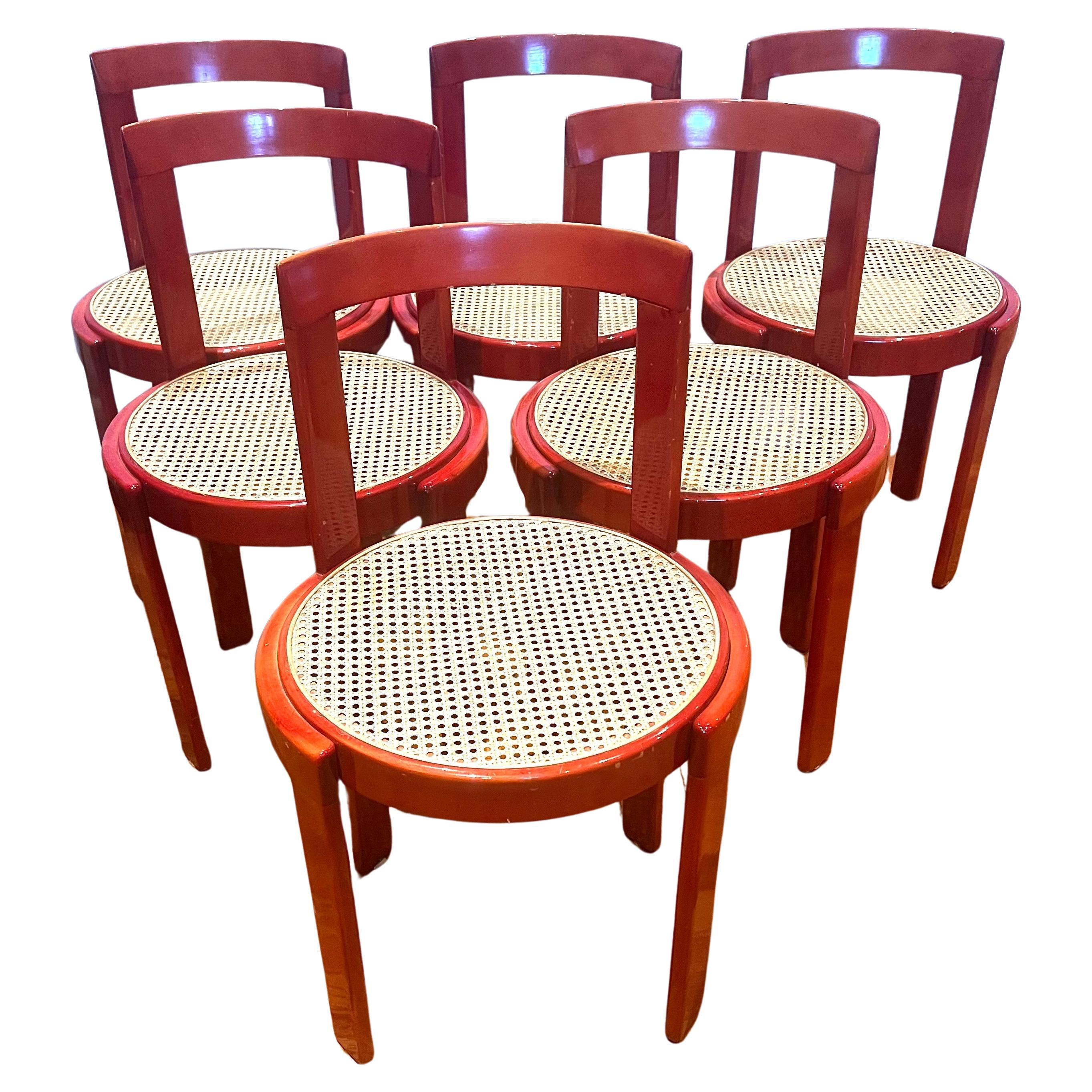 20th Century Italian Bentwood Caned Set of 6 Red Lacquered Chairs Mid Century Modernist For Sale