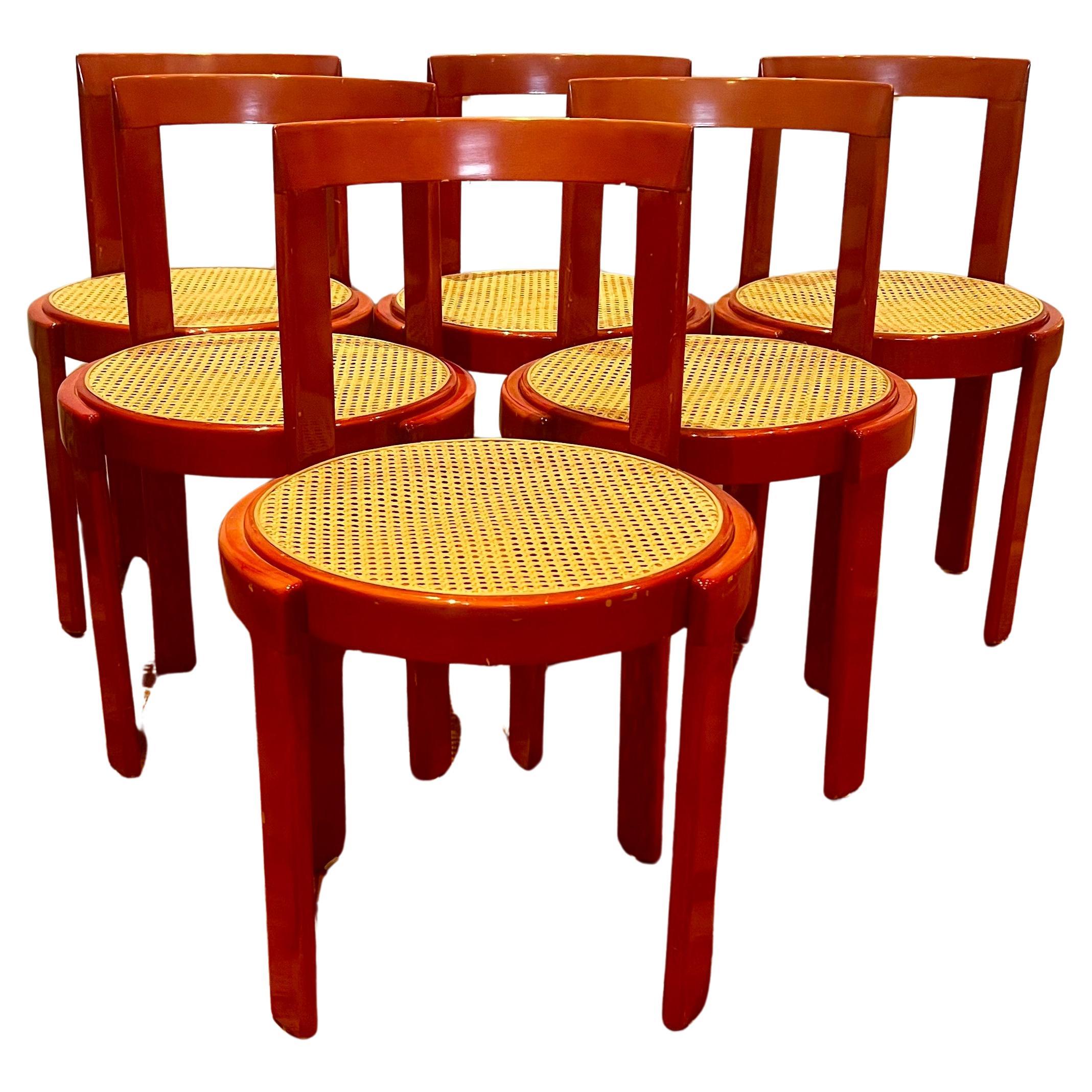Italian Bentwood Caned Set of 6 Red Lacquered Chairs Mid Century Modernist For Sale