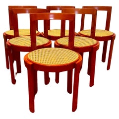 Vintage Italian Bentwood Caned Set of 6 Red Lacquered Chairs Mid Century Modernist