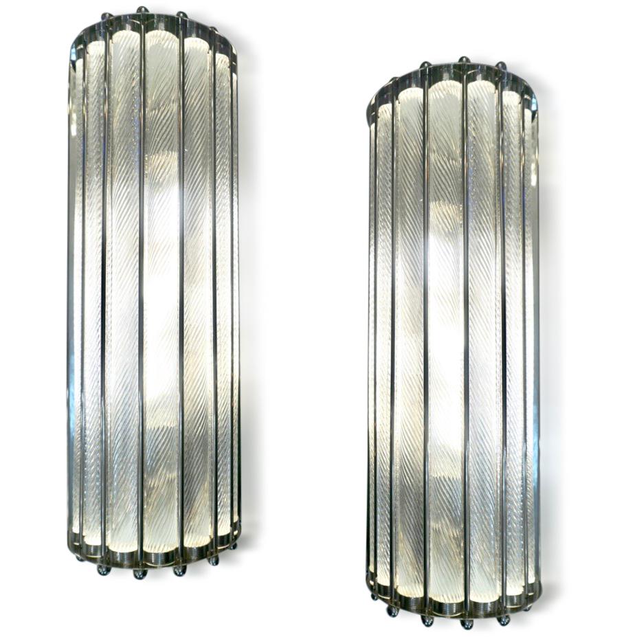 Frosted Italian Bespoke Art Deco Design Crystal Murano Glass Half Moon Nickel Wall Light For Sale