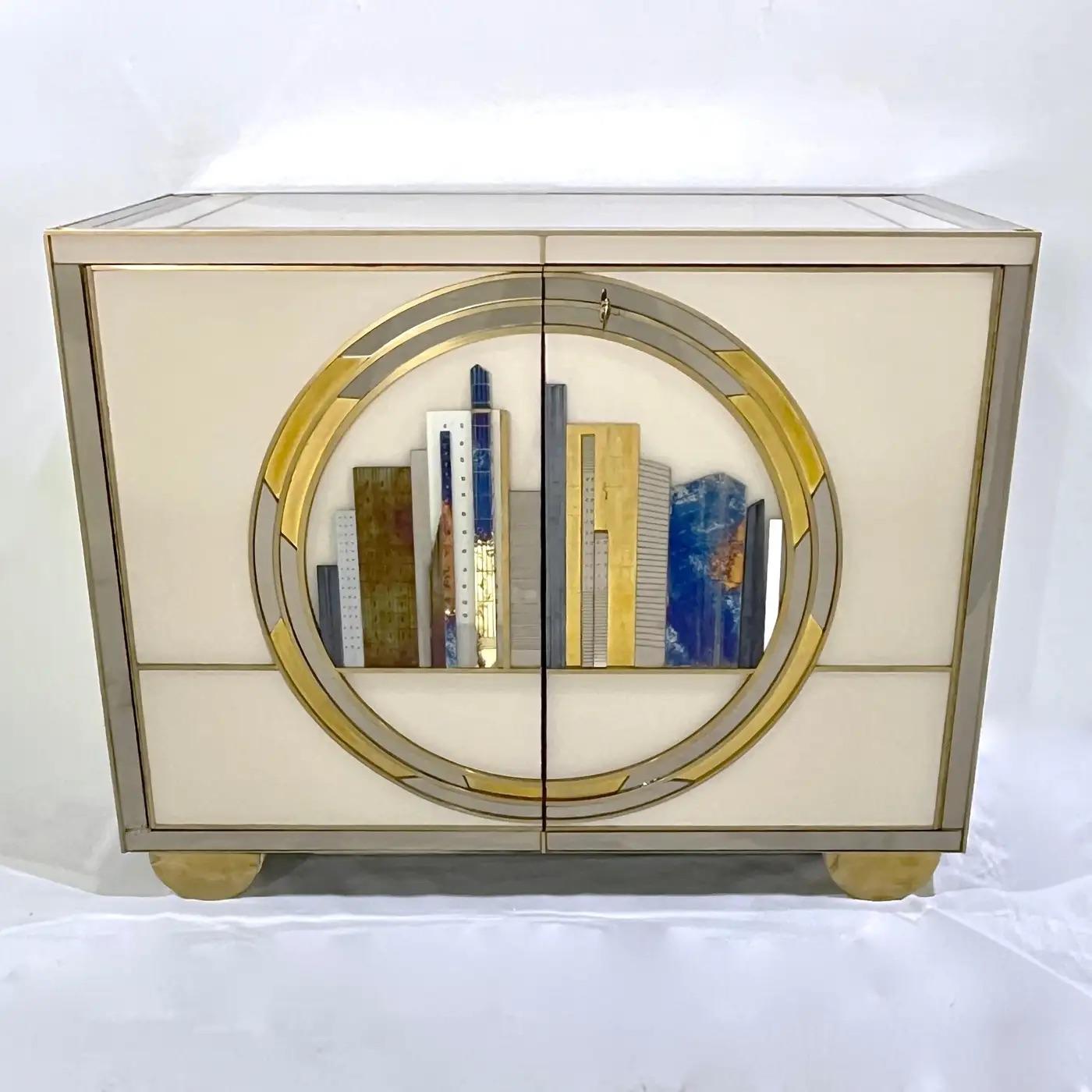 Italian Bespoke Modern Ivory Cabinets with Blue Gold White New York City Outline For Sale 5