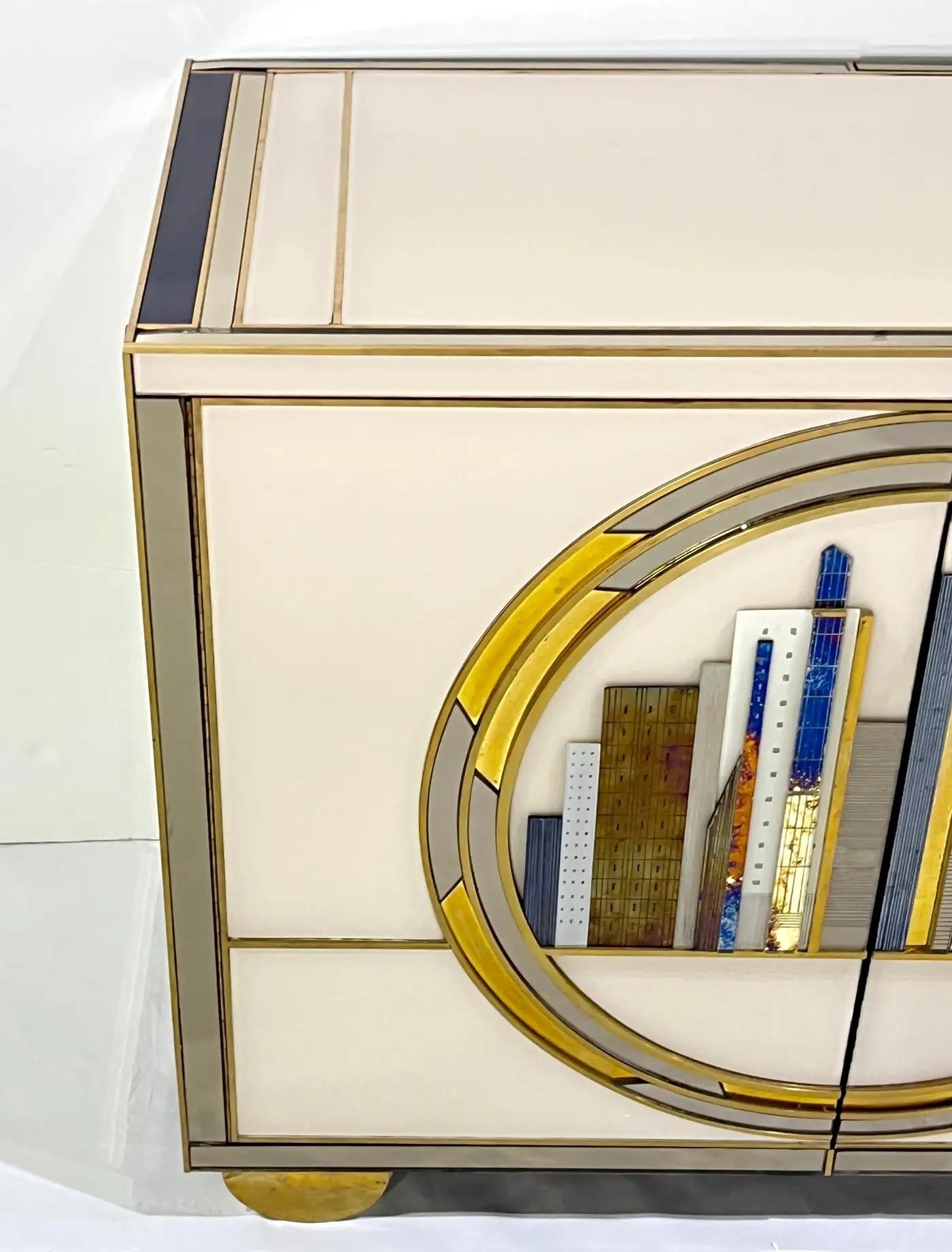 Italian Bespoke Modern Ivory Cabinets with Blue Gold White New York City Outline For Sale 7