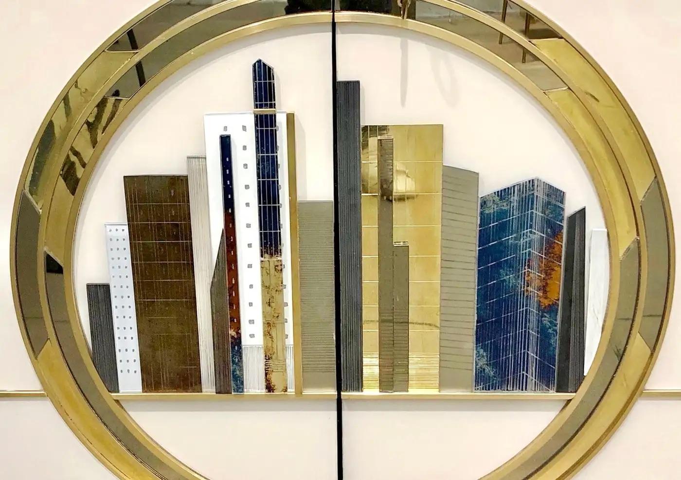 Italian Bespoke Modern Ivory Cabinets with Blue Gold White New York City Outline For Sale 4