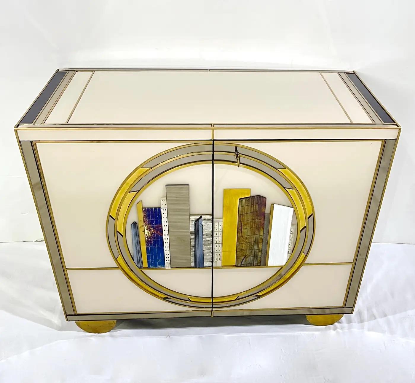 Italian Bespoke Modern Ivory Cabinets with Grey Gold White New York City Outline For Sale 5