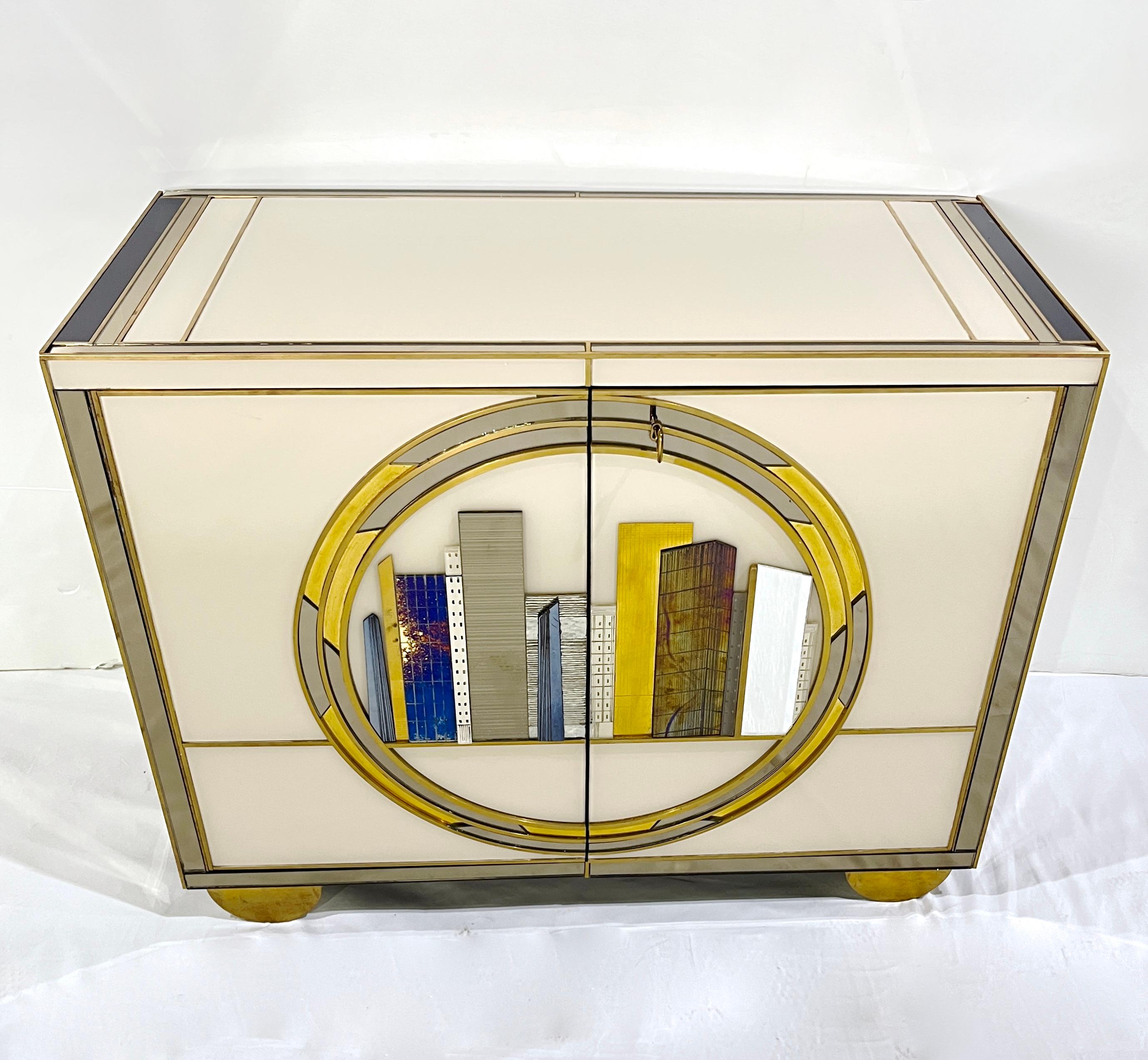 Italian Bespoke Modern Ivory Cabinets with Grey Gold White New York City Outline For Sale 5