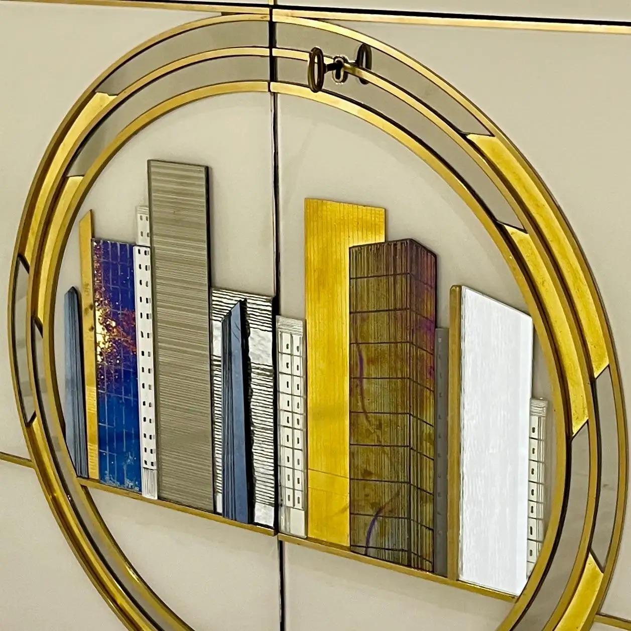 Italian Bespoke Modern Ivory Cabinets with Grey Gold White New York City Outline For Sale 6