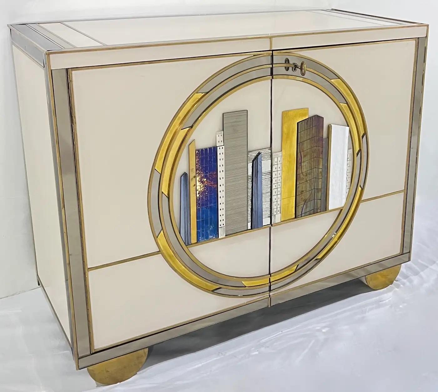 Italian fine design one-of-a-kind modern cabinet, entirely handcrafted with detailed execution. The surround is in cream white glass, highlighted with mirrored frames, each cabinet decorated with an exceptional unique streamline front decor of a