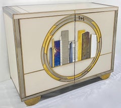 Italian Bespoke Modern Ivory Cabinets with Grey Gold White New York City Outline