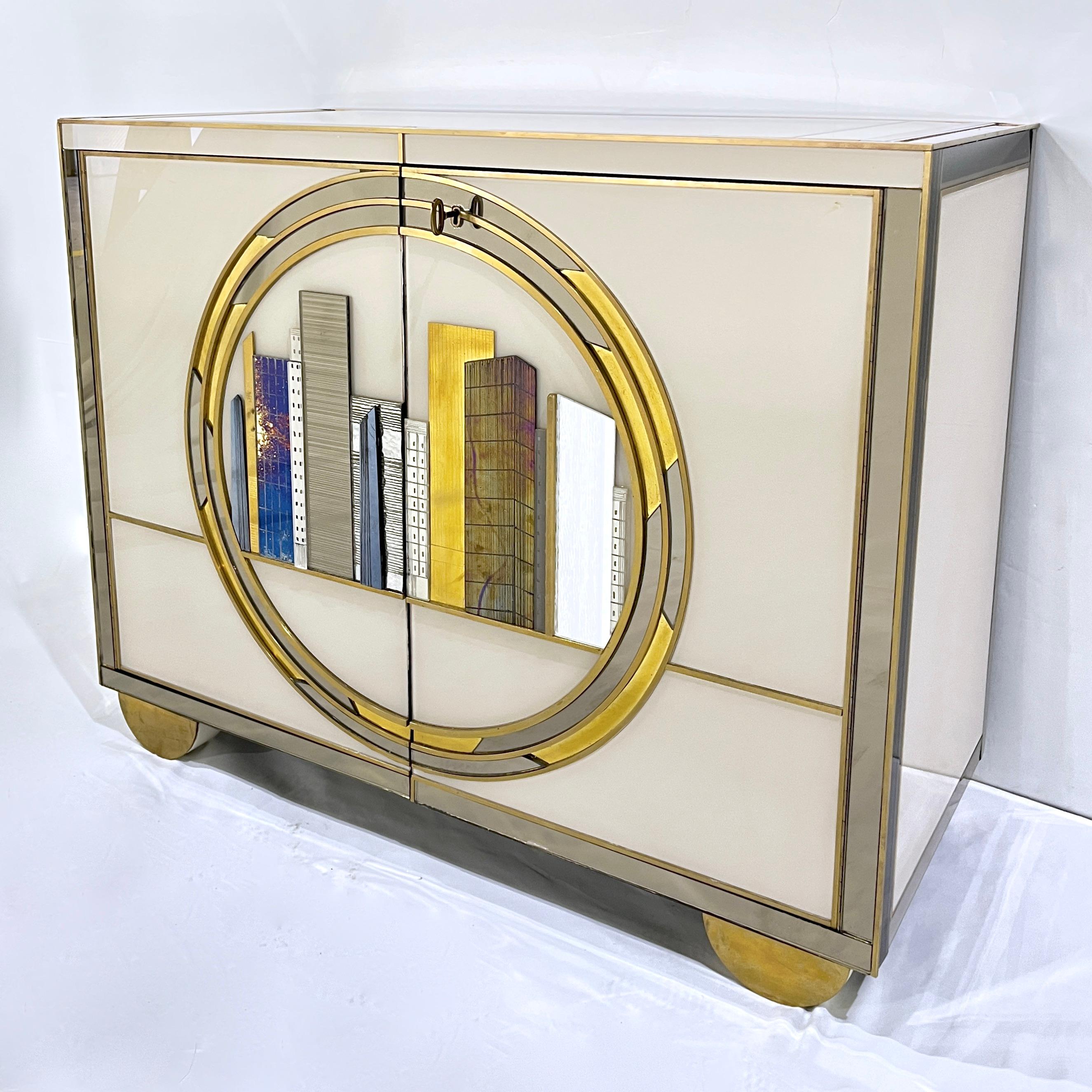 Hand-Crafted Italian Bespoke Modern Ivory Cabinets with Grey Gold White New York City Outline For Sale