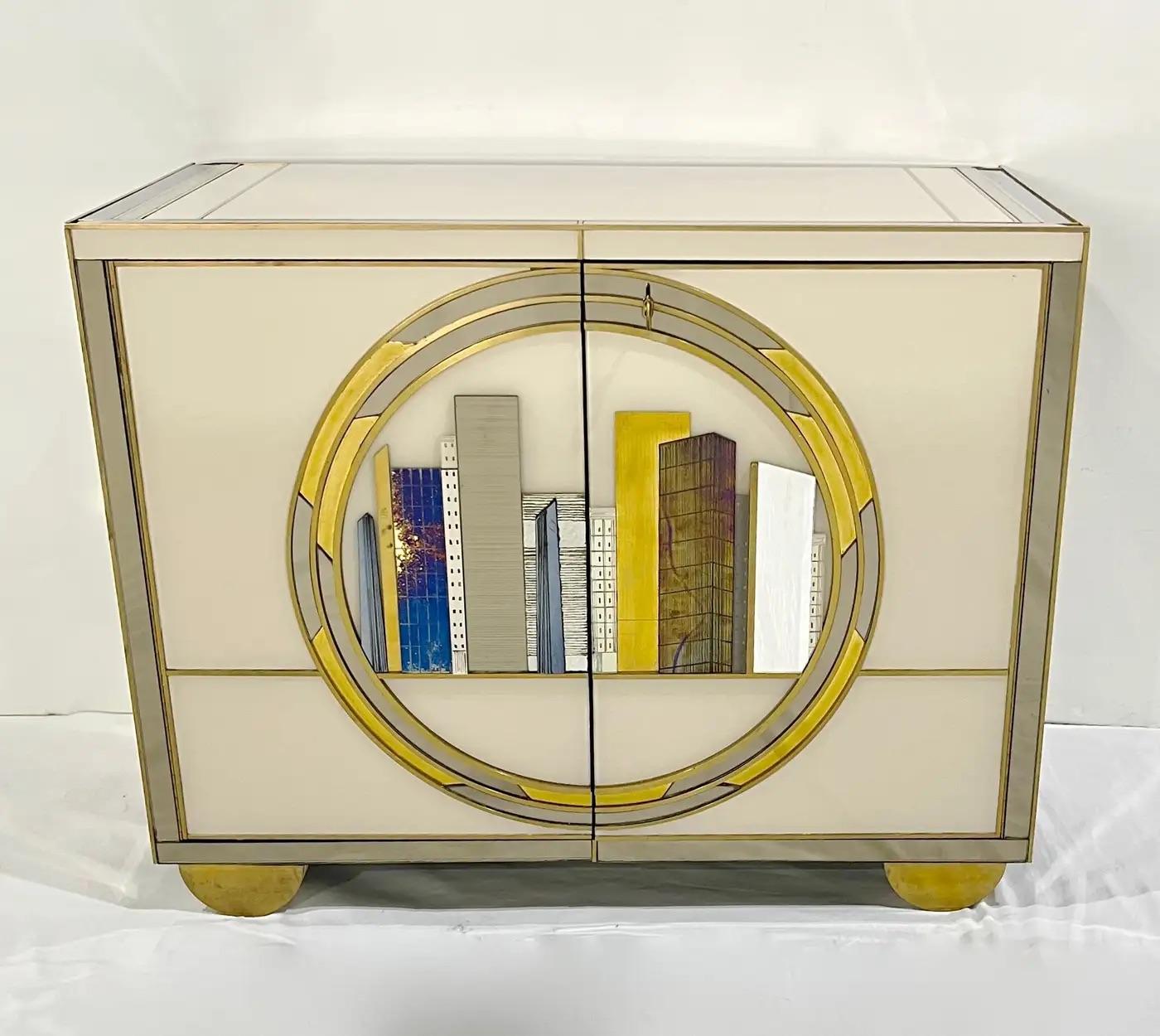 Italian Bespoke Modern Ivory Cabinets with Grey Gold White New York City Outline For Sale 4